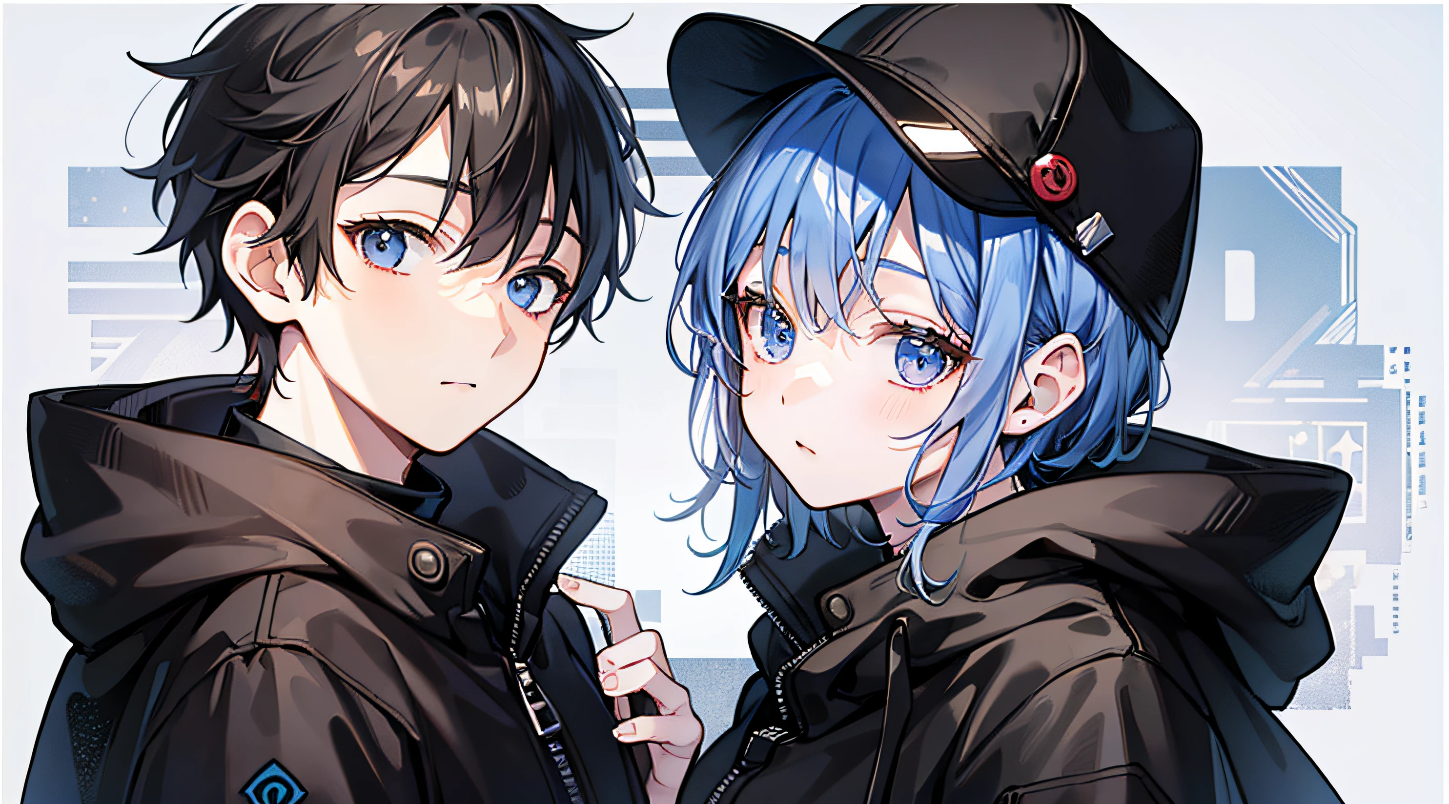 a couple(1Boy、1garl)、short-cut、parka、Background Simple、