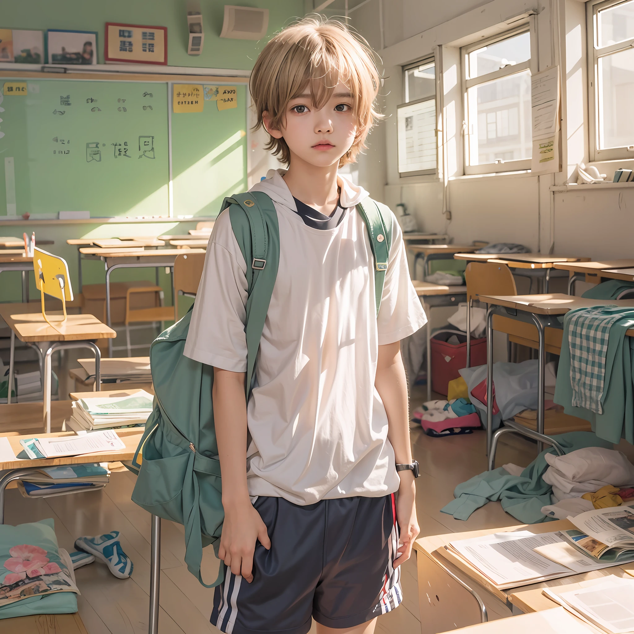 A -yeld juschool boy stand classroom,Shota,Round face and round chin,Slightly hunched,White top,Messy bangs,Eyes widen,sideface,athletic sneakers。and the sun was shining brightly,Classroom。