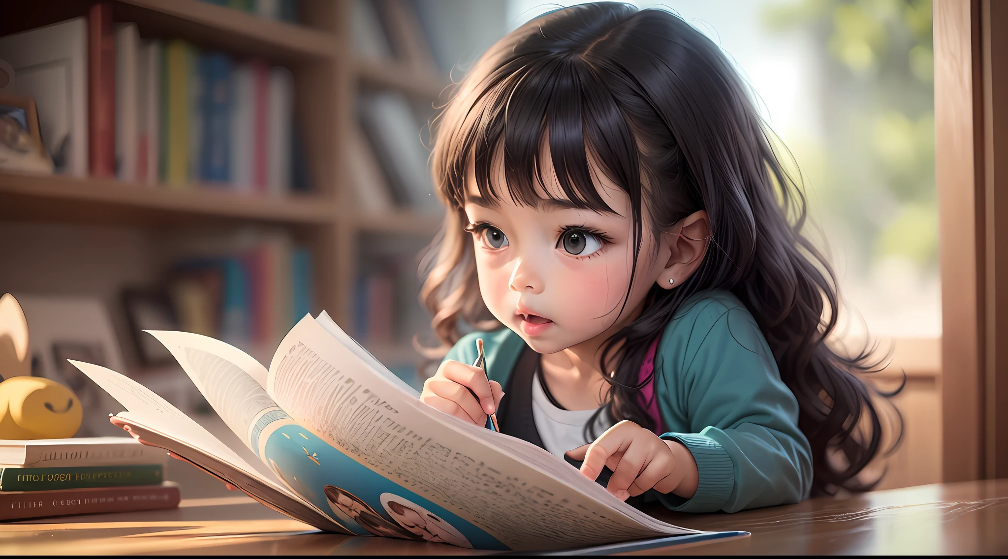 4-year-old reading a book, detalles, foto realista, mejor calidad, rostros, obra maestra, high resolusion, alto detalle, feliz, 8k, detalles perfectos, Perfect Anatomia