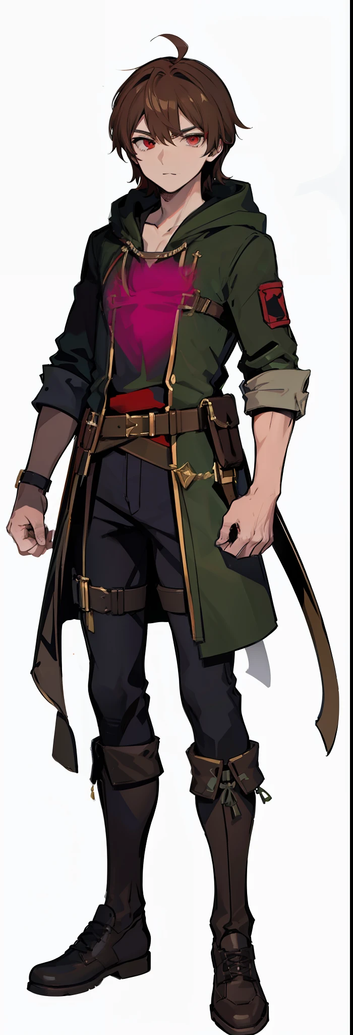 1characrer, male, red eyes, light brown hair, green outfit, rogue. (masterpiece:1.2), (best quality:1.3)