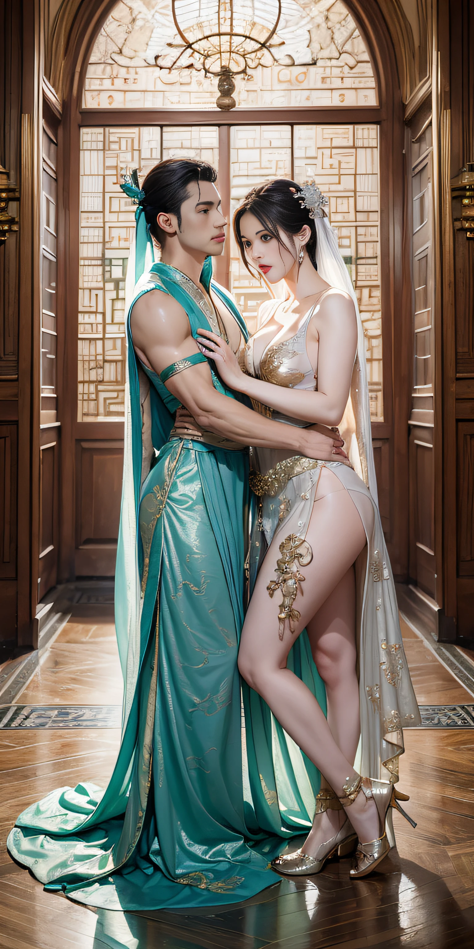 (couple cuddling) rough man naked muscular Zeus, bonito, sexy, seios grandes, decote, pernas nuas, transparente, standingn, hanfu, molhado, claro, realista, mais alto detalhe, mitologia chinesa, dragon pattern, phoenix, sagrado, santo, montanhas douradas, heavenly palace, countless palaces, nuvens, luz dourada