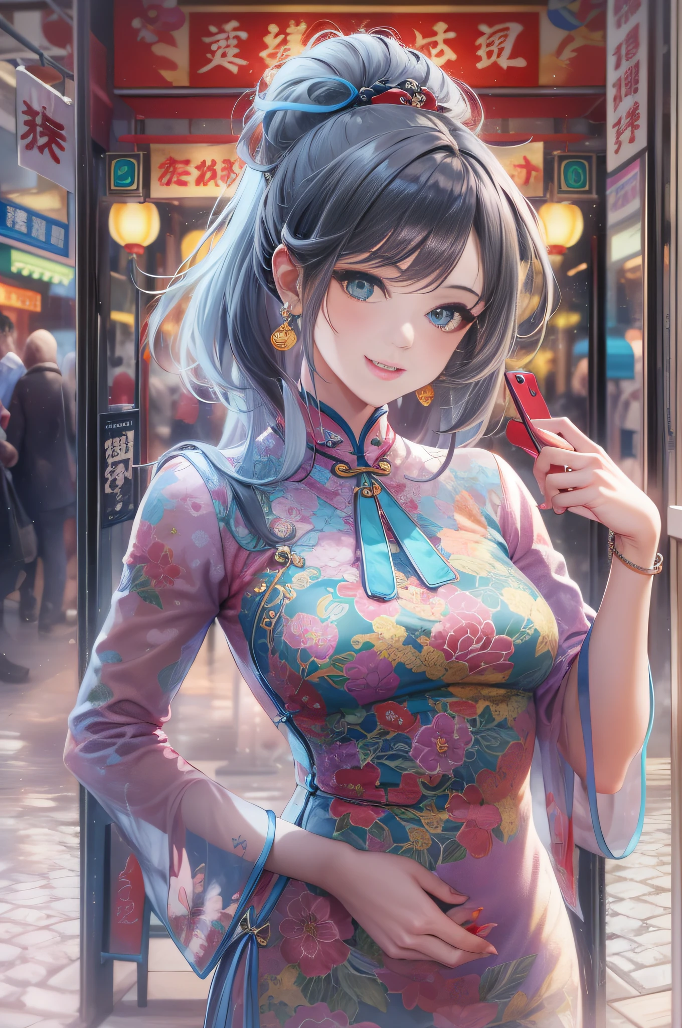 Very beautiful woman. She wears a cheongsam, The background is Chinatown, Very long hair, aqua eyes, lightsmile, Art deco, Glitter Effect, One-person viewpoint, Sony FE GM, nffsw, retinas, masutepiece, ccurate, Anatomically correct, Textured skin, Super Detail, high details, High quality, awardwinning, Best Quality, hight resolution, 1080p, hard disk, 4K, 8K, 16 K