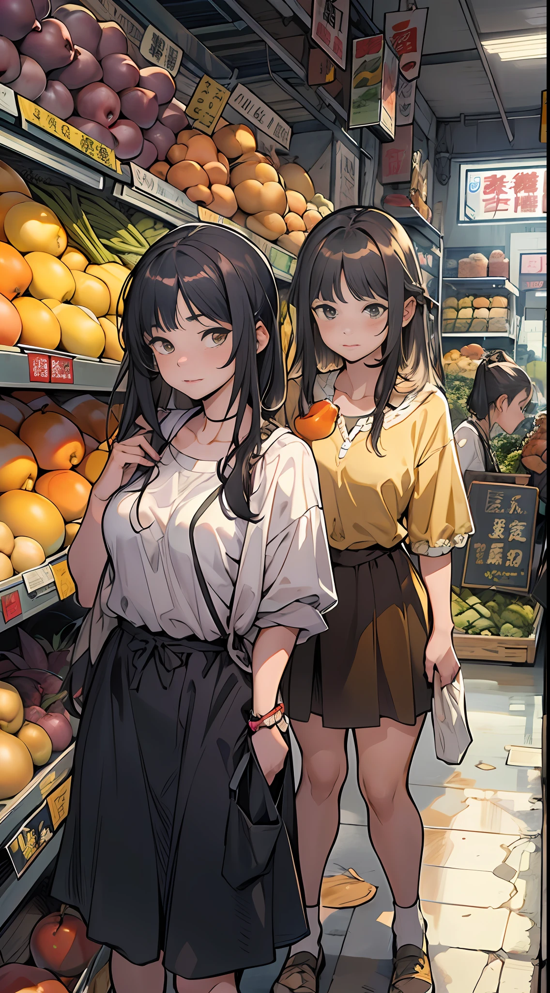 three girls in a shop buying fruit and vegetables, in the style of kawacy, shilin huang, 32k uhd, dark black and yellow, i can't believe how beautiful this is, city portraits, comic/cartoon, 32k, best quality, masterpiece, super detail, high details