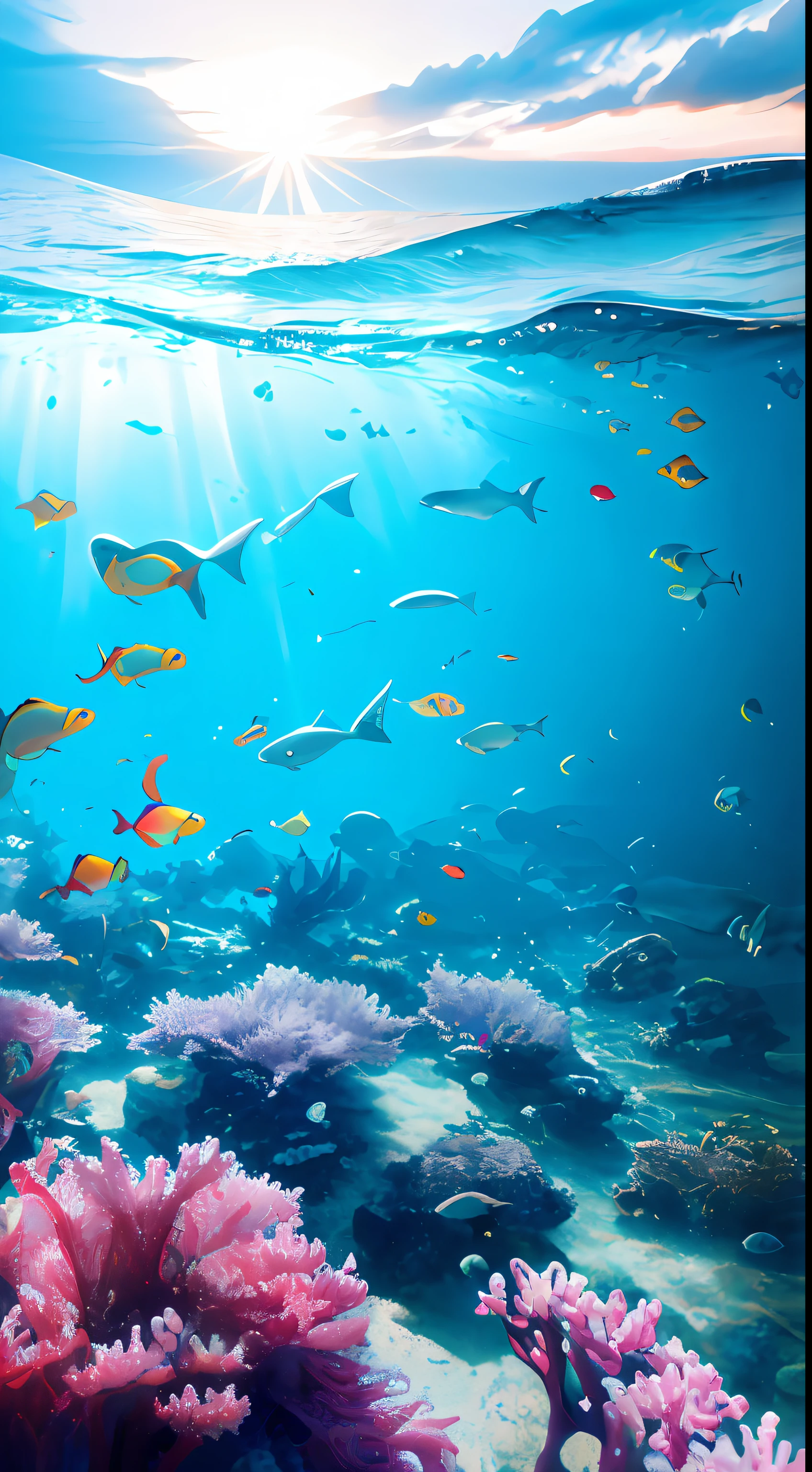 tmasterpiece, high high quality, Extremely detailed Cg Unity 8K wallpaper, Skysky,sea surface,the night,The landscape, ocean floor, Mare, The fish, the shark, jelly fish, the reef, without humans, an award winning photograph, Bokeh, depth of fields, hdr, flood, color difference, realisticlying, The is very detailed, Art station fashion, 复杂, high detal,