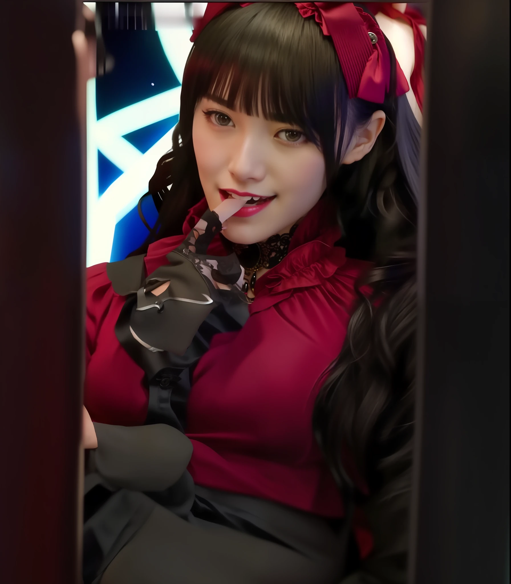 A brunette woman wearing a red dress,Black-haired Ishida Mizu,mika kurai demon,belle delphine,Her black hair combed bangs,Portrait of ta girl,japanese live action movie,live-action movie scenes,still from live action movie,Black apron,A princess,black lence stockings,Bigchest。