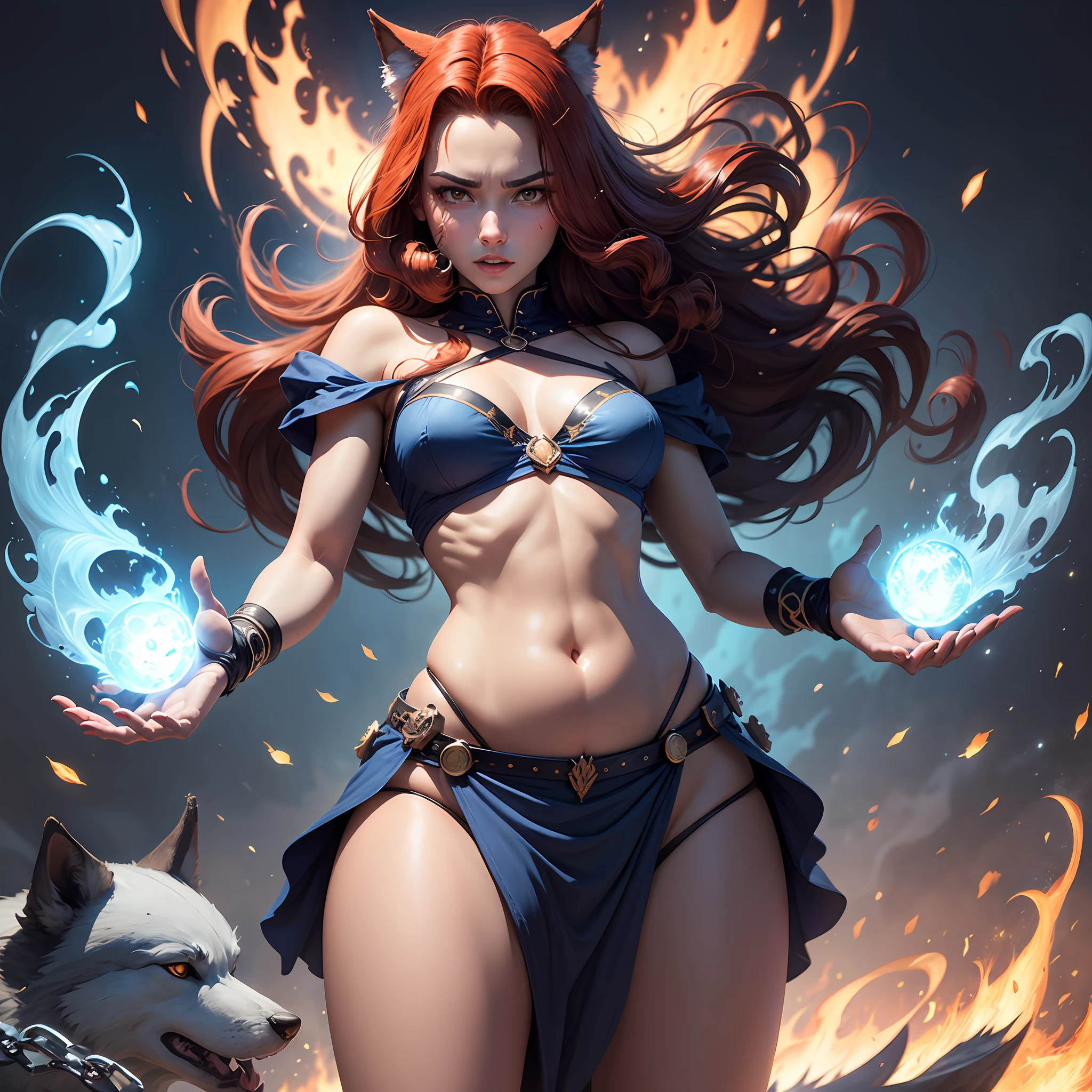 Fundo escuro com uma fenrir mulher ruiva a direita, uma fenrir mulher morena com cabelos prateados a esquerda, vestidas com roupas de maga mostrando a barriga e pernas,Signaling hands to the center down, gathering powers to make a blue fireball spell, Medium-sized, chamas azuis saindo da esfera e indo como vento, passing with pieces of blue flames, mostrando o corpo por inteiro.