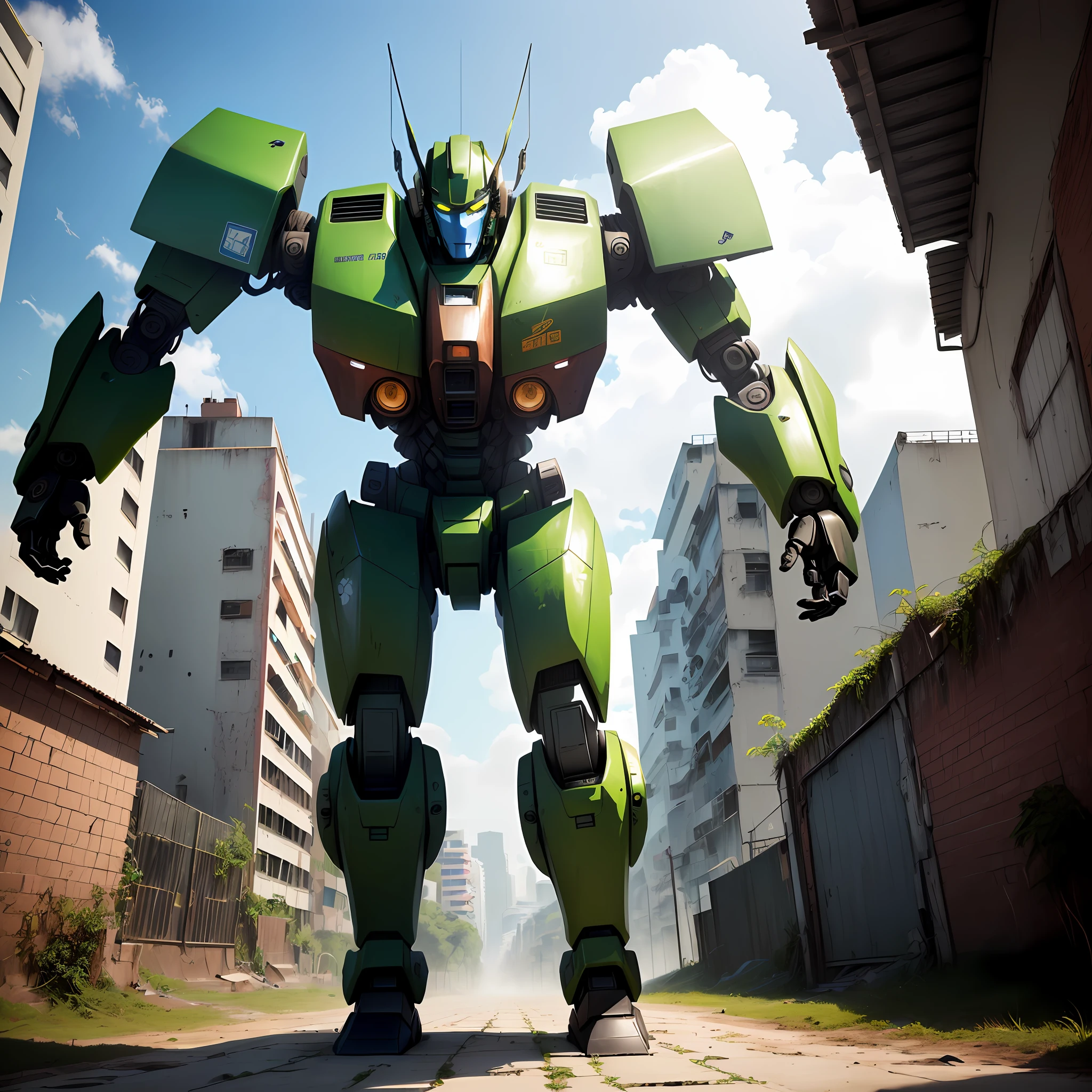 A closeup of a green robot standing on a brick road, favela futurista, Sci - Escultura de Favela de Fi:, Giant mecha robot, alexandre ferra mecha, tremendous mecha robot, giant robot mech, Estilo Comic Book BattleMech, Mega Mecha Humanoide, giant robots, Terno Mecha, Mecha humanoide, Mecha de anime gigante