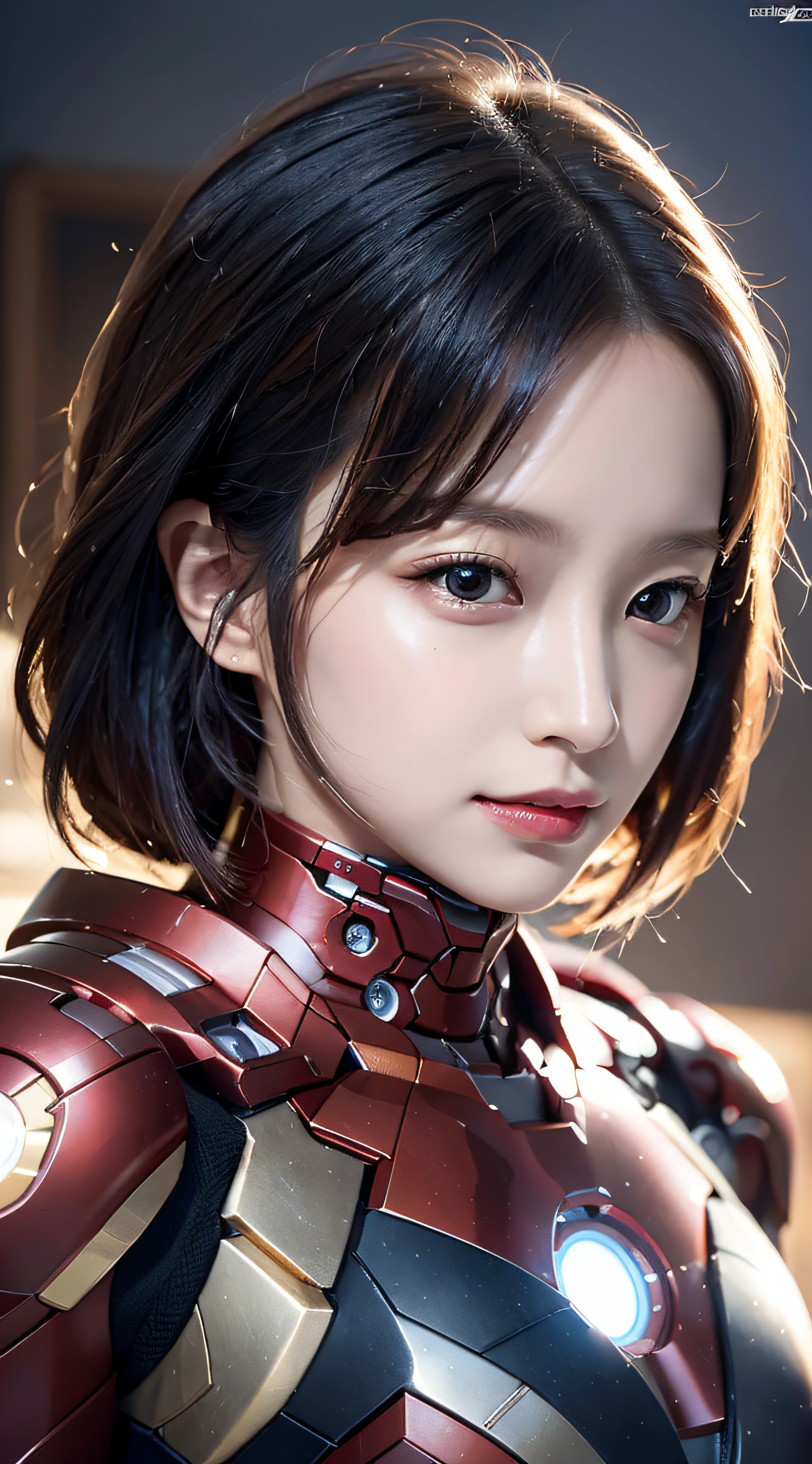 tmasterpiece,1 Korean girl,,hair adornments,realisticlying，8K  UHD，high high quality，in the background bokeh，Iron Man armor，Pure Gold Iron Man，Iron Man，Warframe wraps around the whole body，with short black hair，s the perfect face，Shiny face，Ultra-clear face，Elaborate Eyes，idoly