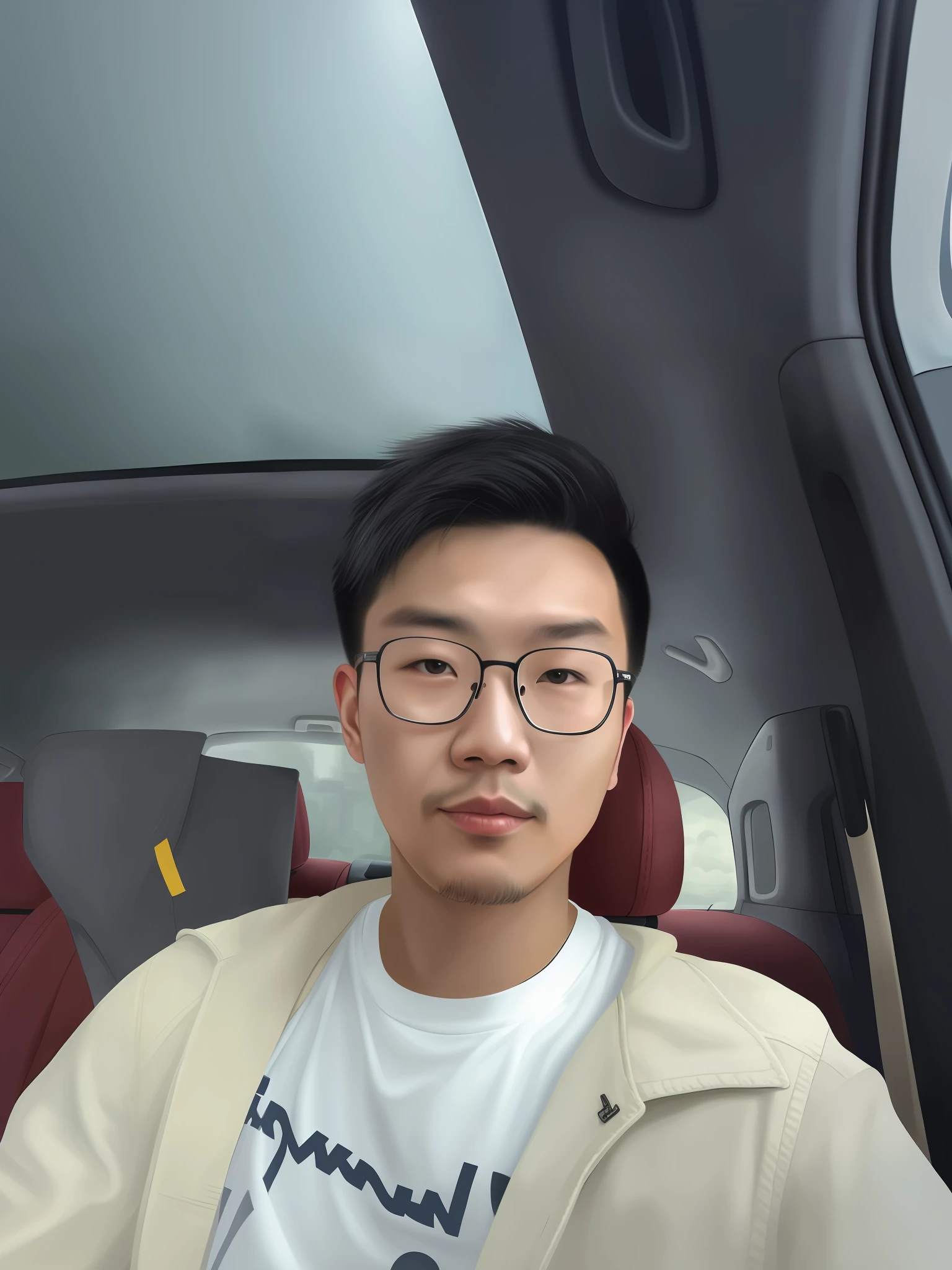 there is a man sitting in the back seat of a car, 2 , 21 years old, yanjun cheng, around 1 9 years old old, 2 3 yearsyuan Zheng Lei,hyung, 18 years old, 2 8 years old, reuben wu, wenjun lin, headshotcture