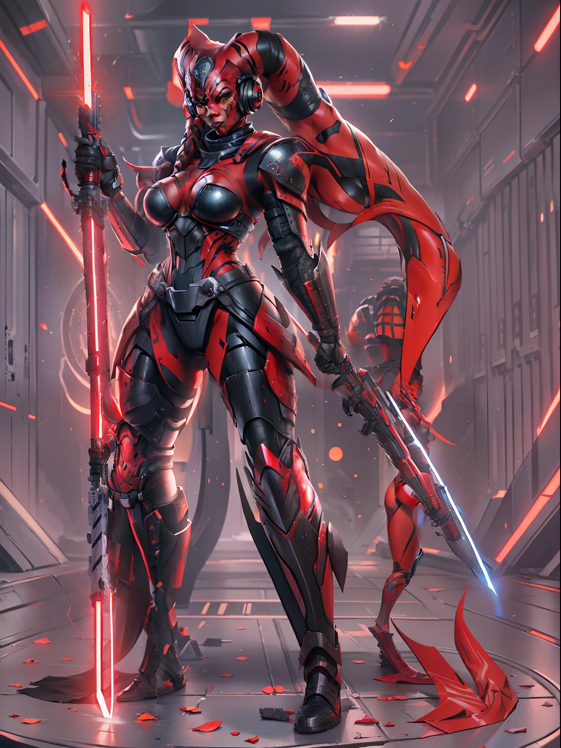 armored, red skin, Twi'lek, athletic, slender, busty, muscular, wearing heavy black stealth armor, evil space knight, space samurai, dual red lightsabers, Star Wars, armor