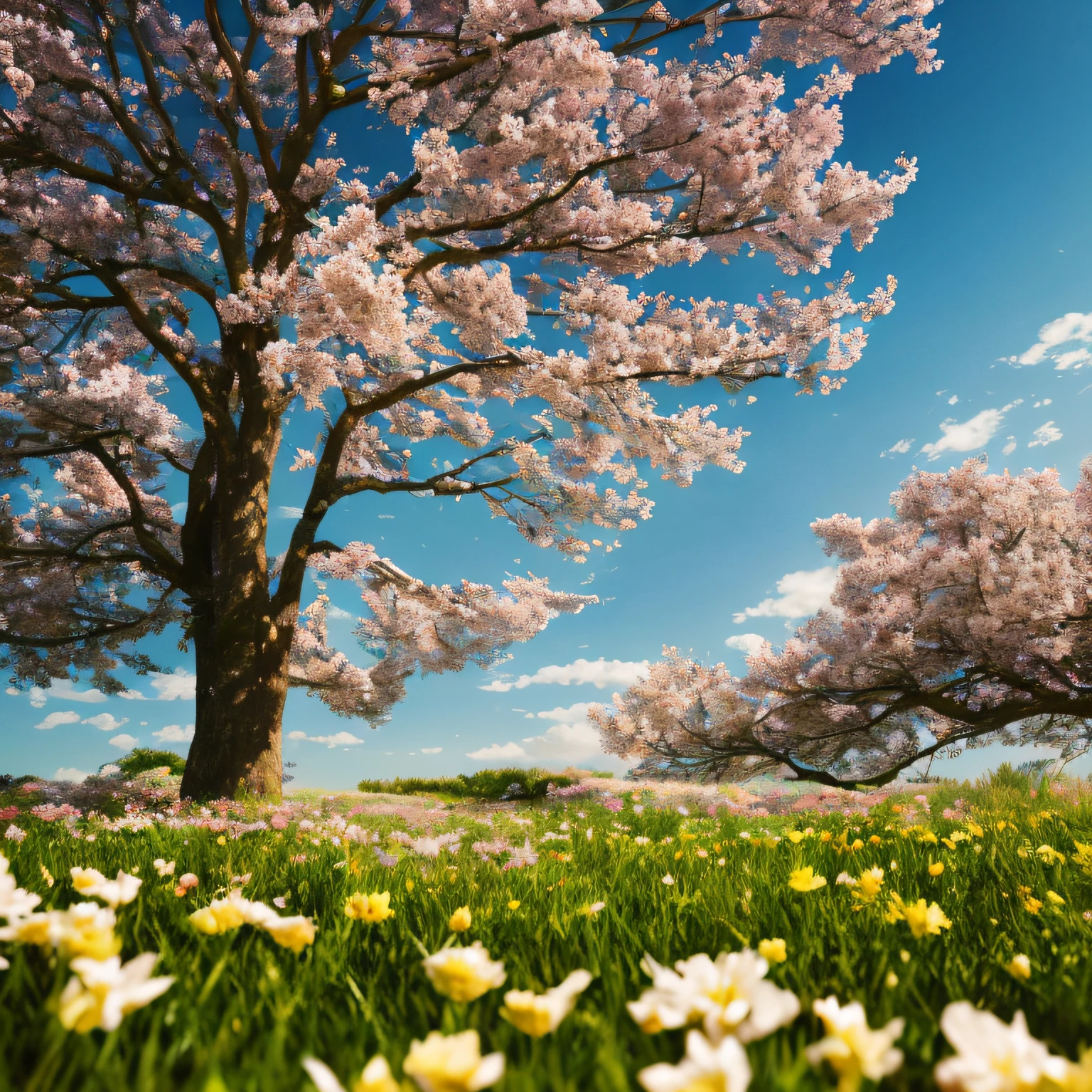 Low angle viewing angle,Close-up view at the foot of a large tree,Soft light,Surrounded by flowers and plants,Half of the background is the sky steppe ,Realiy,Scenes,C4D,OC --9:16 --auto