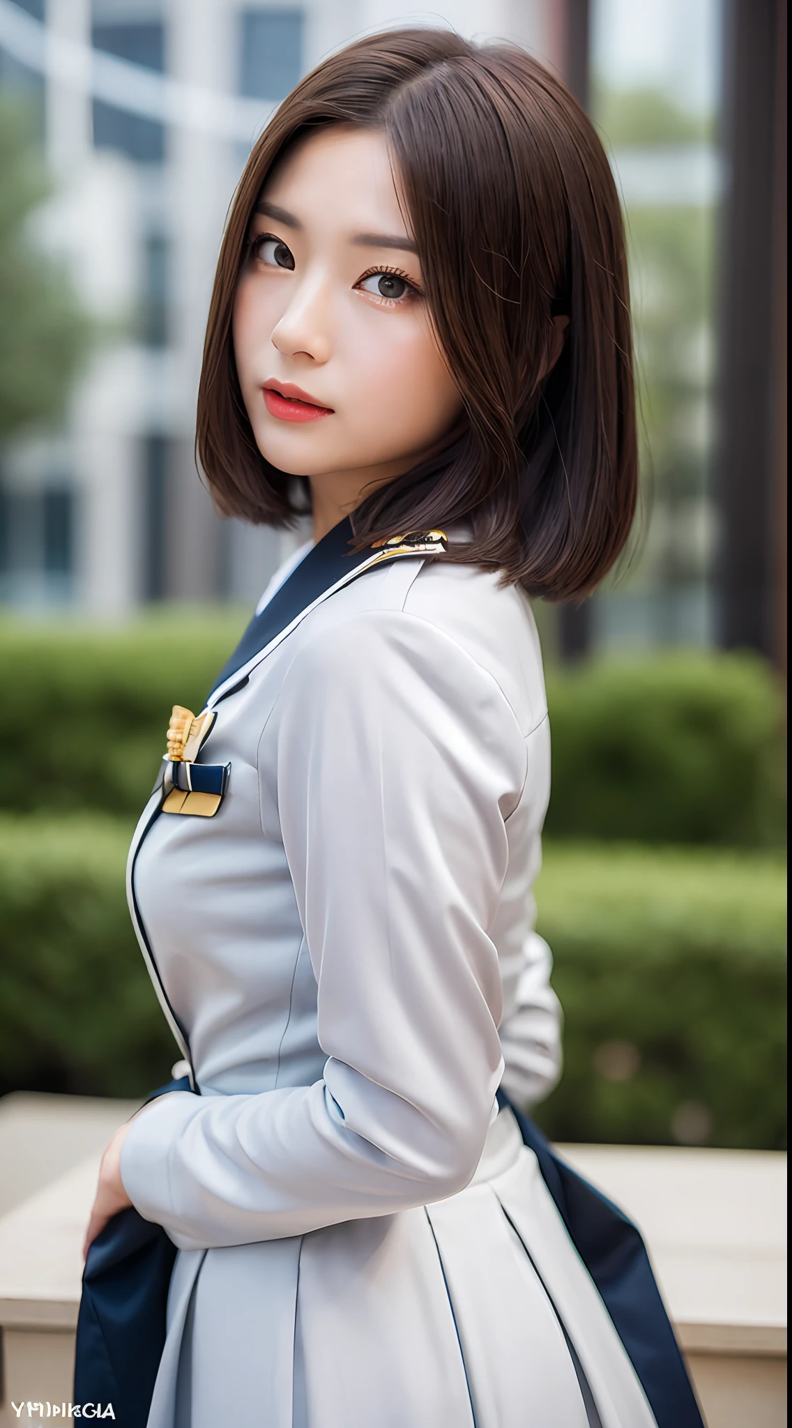 (yinchuan:1.5),, ​masterpiece, top-quality, Raw foto, Photorealsitic, large full breasts、beautiful and flawless face,  Soft smile、20 years girl、校服、Female Detective、event、Policewoman uniform、depth of fields, hight resolution, ultra-detailliert, finely detail, ighly detailed, extremely detailed eye and face, Sharp pupils,short-hair