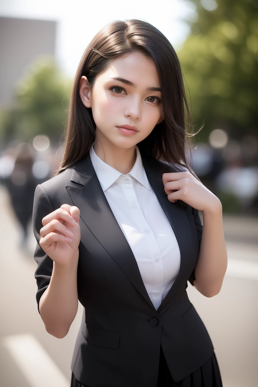 best quality, masterpiece, 1girl, Beautiful face, (photo realistic:1.3), rim lighting, (high detailed skin:1.2), 8k uhd, dslr, high quality, high resolution, 4k, 8k, Bokeh, absurdres, best ratio four finger and one thumb, (realistic:1.3), cute 1girl, wearing black formal blazer, medium breasts, short skirt,