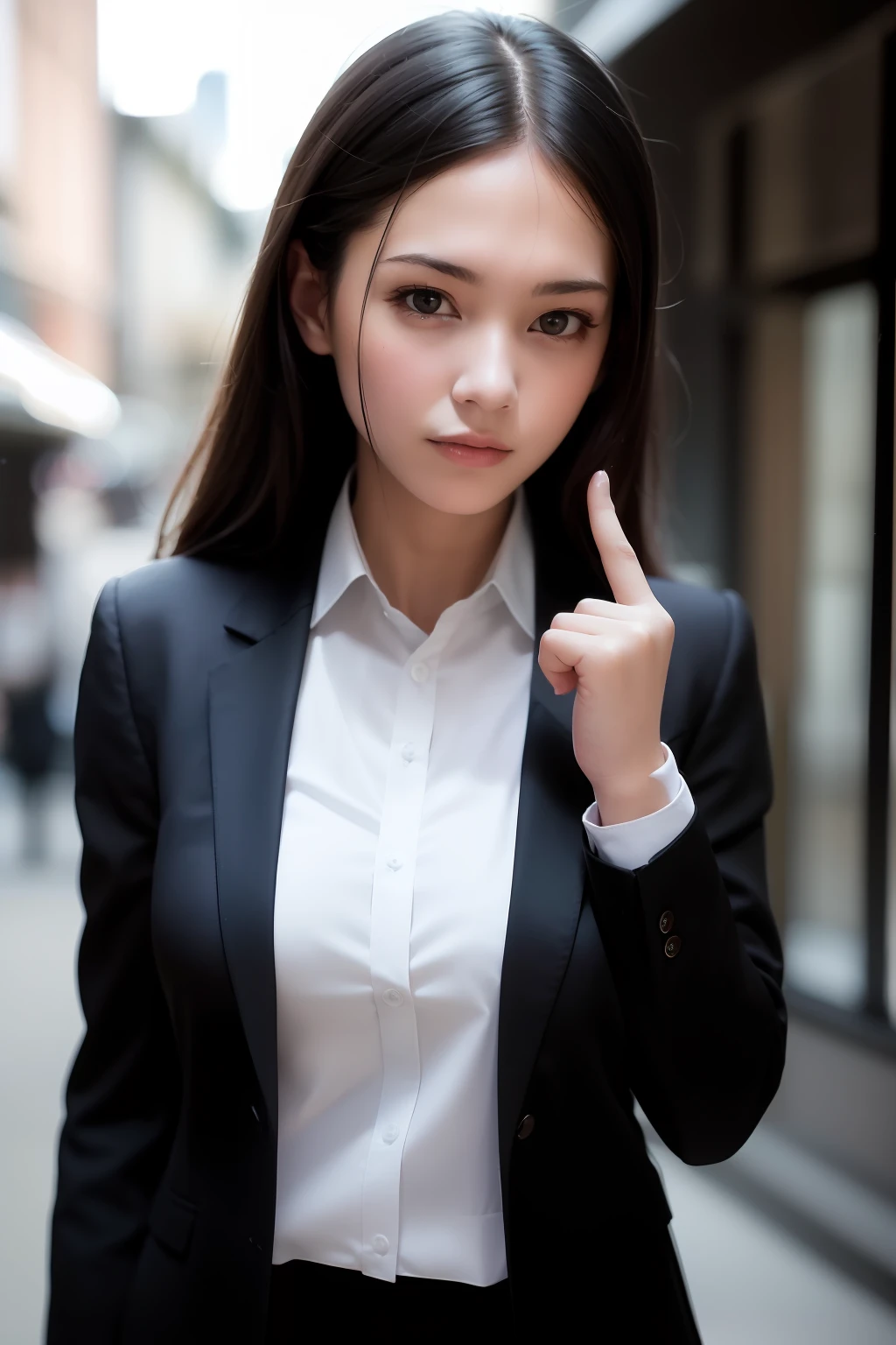 best quality, masterpiece, 1girl, Beautiful face, (photo realistic:1.3), rim lighting, (high detailed skin:1.2), 8k uhd, dslr, high quality, high resolution, 4k, 8k, Bokeh,  absurdres, best ratio four finger and one thumb, (realistic:1.3), cute 1girl, wearing black formal blazer, medium breasts, short skirt,