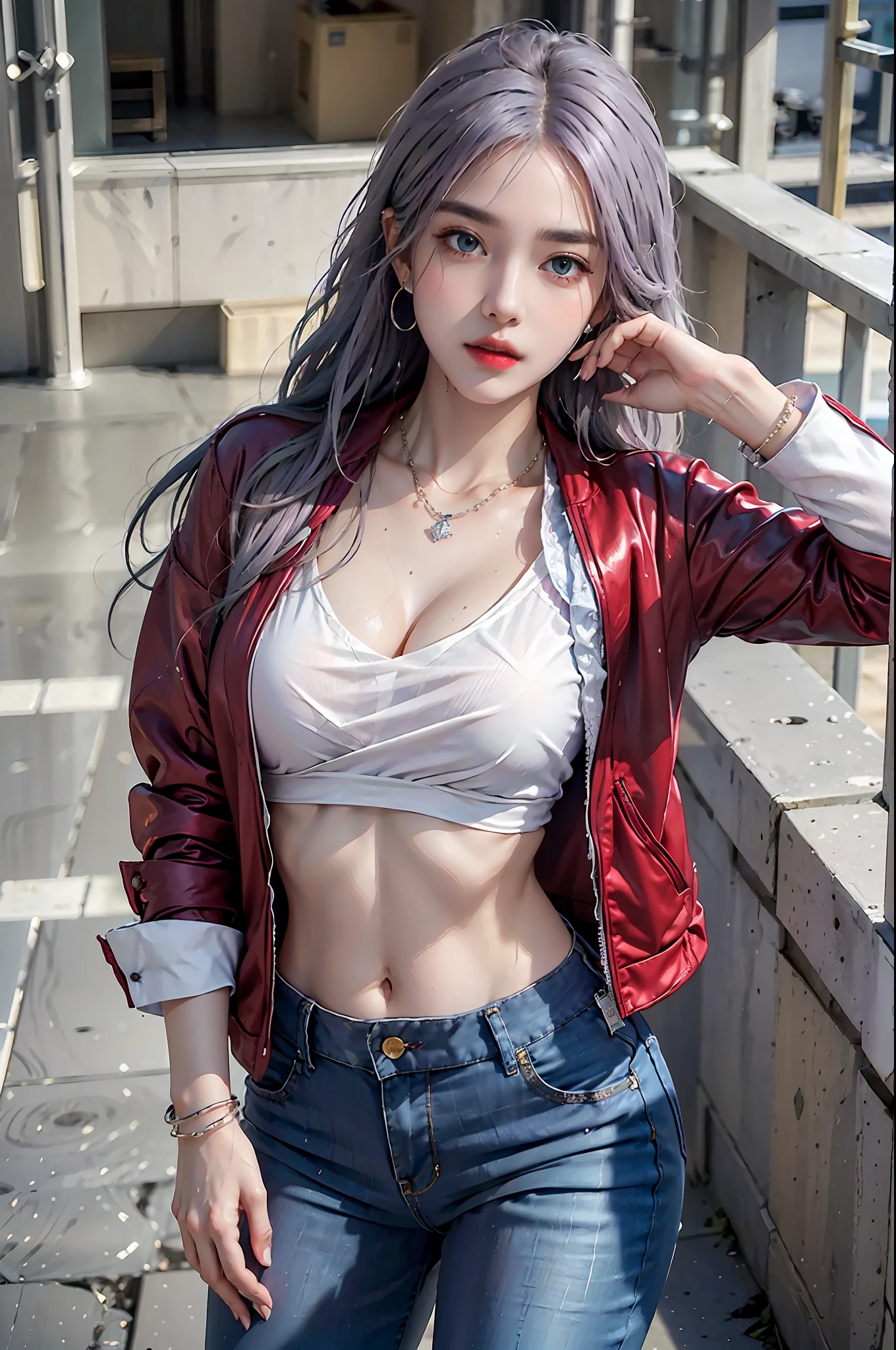 photorealistic, high resolution, 1 girl, hips up, beautiful eyes, wet skin, light purple hair, medium breast, collared shirt, blue pants , red jacket, streetwear, bracelets,elegant necklace, elegant diamond earrings, fashion magazine