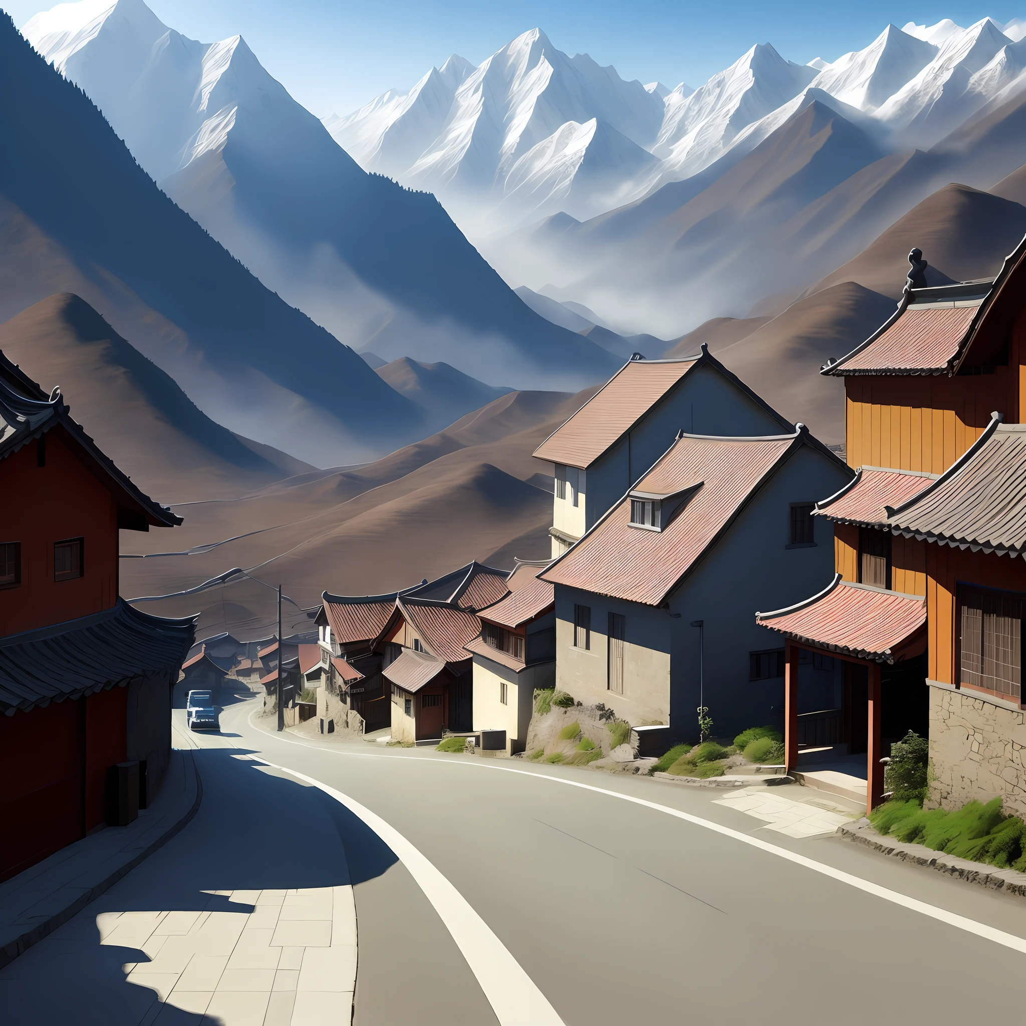 A town in the mountains,Due to the high altitude,Cool and pleasant,You need to go through a long, winding road to reach the town,The town is only a few streets away,Children play carefree in the street。The picture is dreamy,cold hue's。