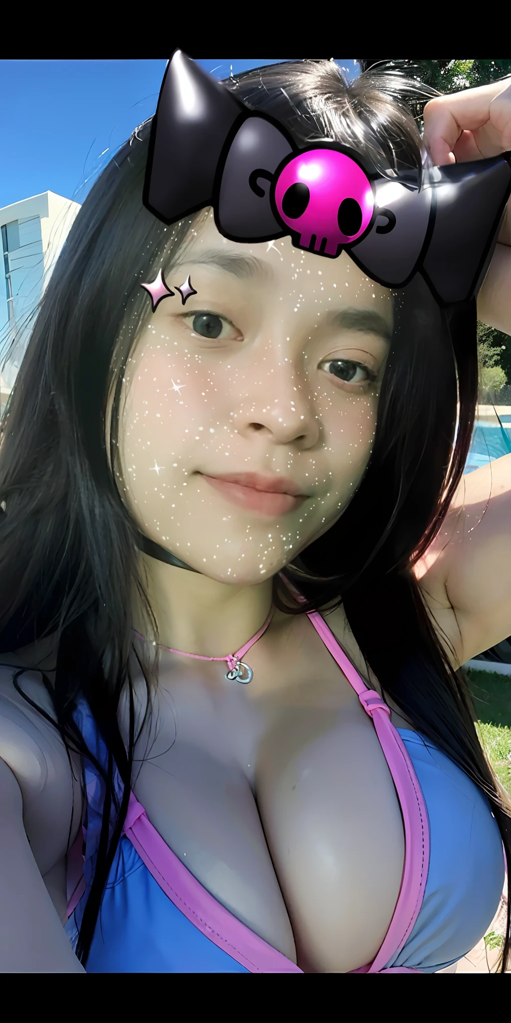 a girl, in a pink bikini, big boobs, perfect look, protruding, showing, upper body, flawless skin, black hair, love choker, gray background, Color Field painting, Realism, motion blur, masterpiece, textured skin, super detailed, high detail, 8k