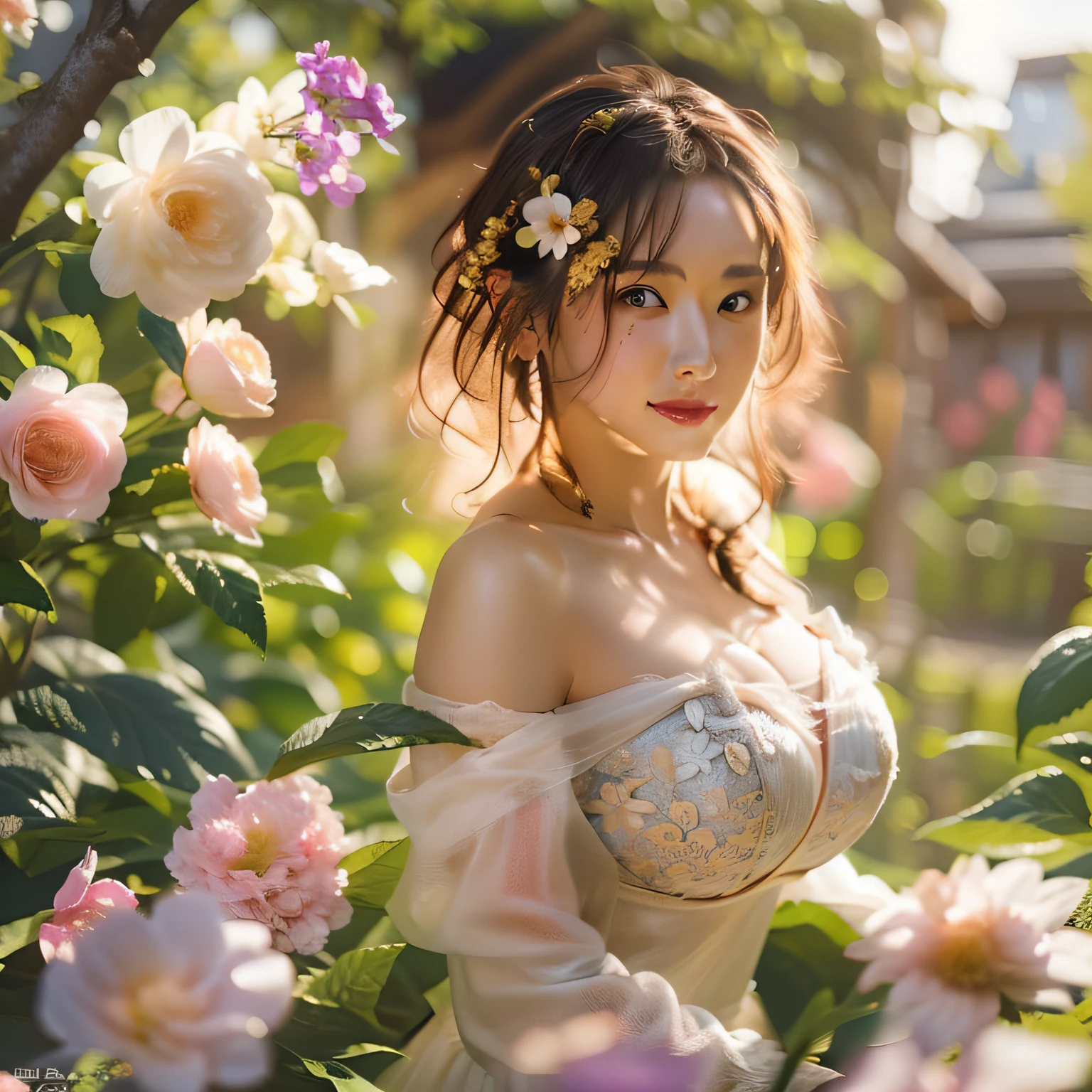 (8K、Raw photography、top-quality、masterpiece:1.2)、(realisitic、Photorealsitic:1.37)、top-quality、超A high resolution、light leaks、Dynamic lighting、Beautiful realistic woman with skin details in golden hour flower garden、Beautiful nostalgic mood skin、Wet skin and petals、huge tit、cleavage of the breast