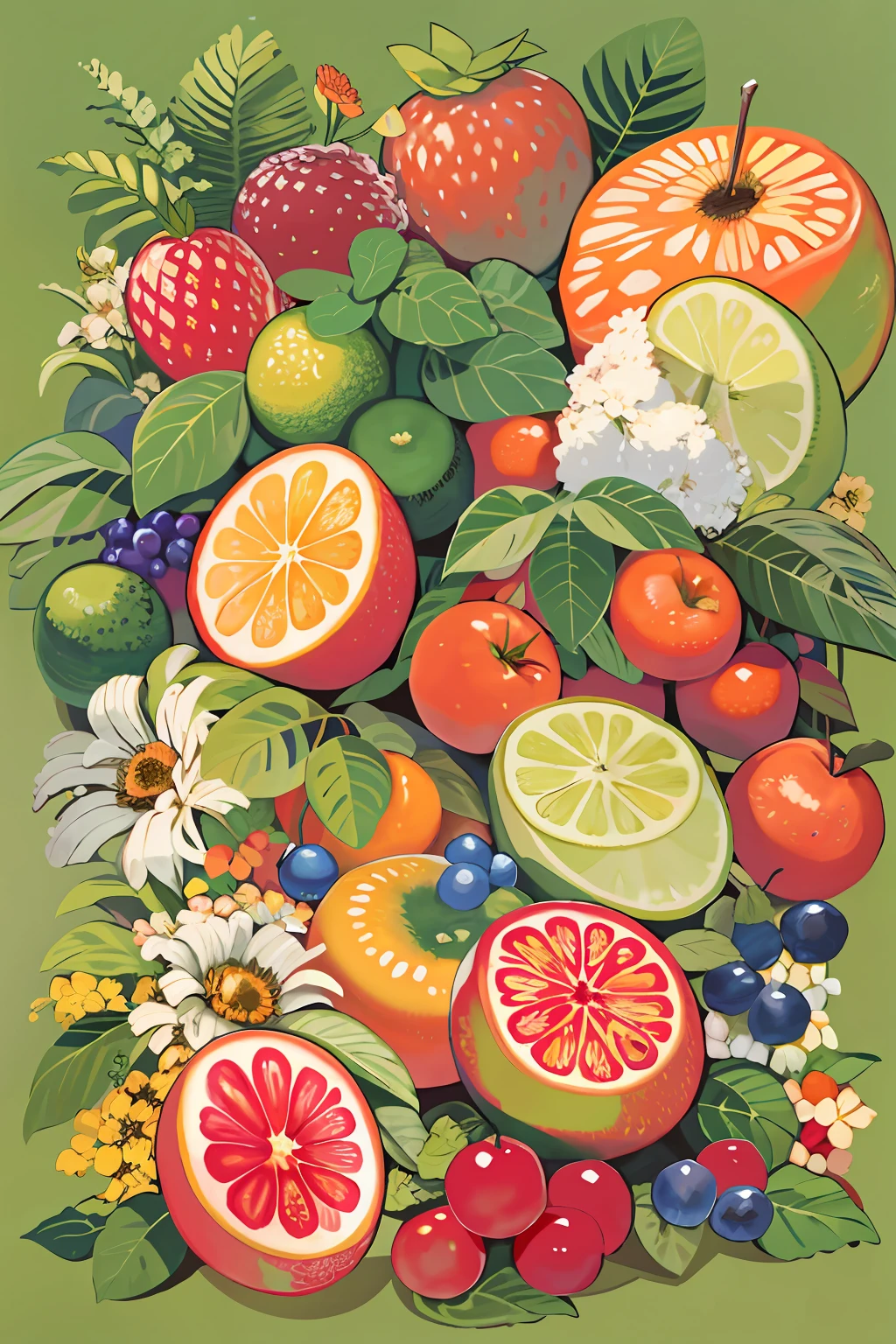 There is a painting of a bunch of fruits on the table, fruit and flowers, full-colour illustration, author：John Wernachot, made of fruit and flowers, made of flowers and fruit, Fruits, full of colour w 1024, full color digital illustration, author：Richard Mayhew, offcial art, in gouache detailed paintings, courful illustration