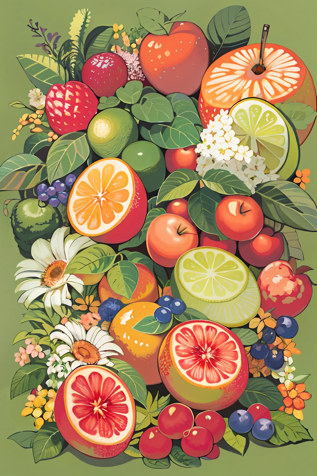 There is a painting of a bunch of fruits on the table, fruit and flowers, full-colour illustration, author：John Wernachot, made of fruit and flowers, made of flowers and fruit, Fruits, full of colour w 1024, full color digital illustration, author：Richard Mayhew, offcial art, in gouache detailed paintings, courful illustration