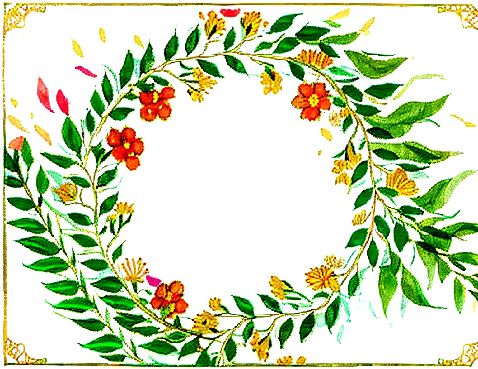 Close up of garland on white background, Flower frame, boho floral vines, decorative frame, corolla, Flowers around, decorative borders, hand drawn svg, filigree frame, ornate floral, ornamental halo, Filigree border, a plant, Flat color, in laurel wreath, stylized border, Fern garlands, circle, ornate flowers,Bright colors,detail-rich