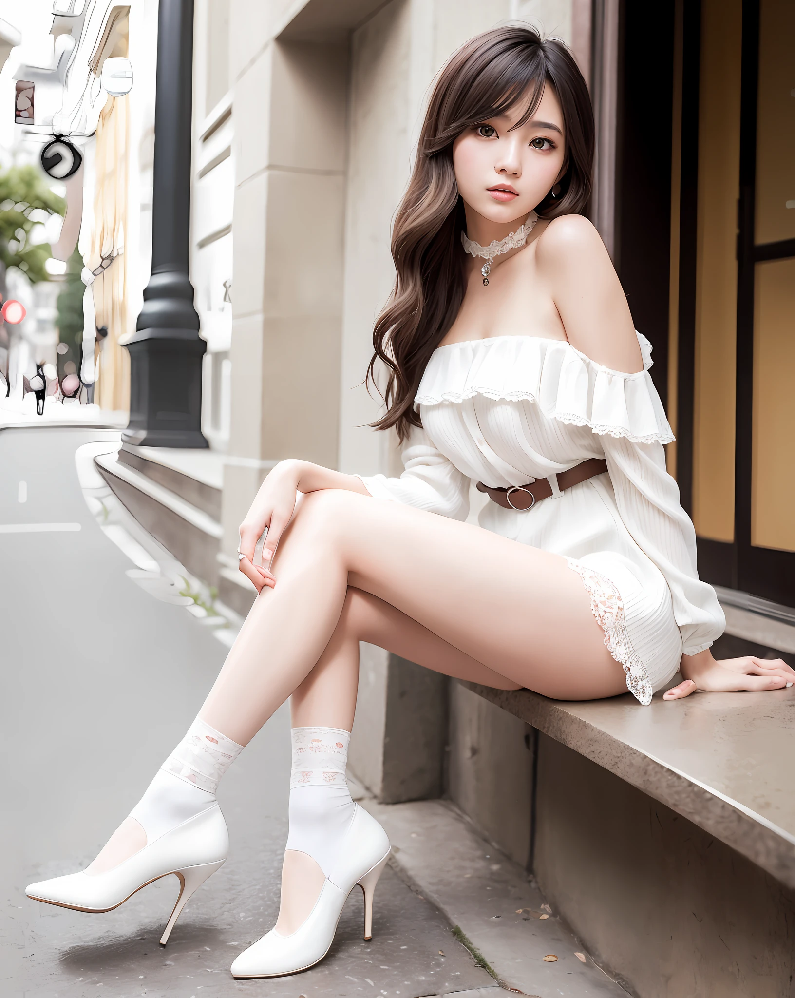 NSFW, front angle, (8k, best quality, masterpiece:1.2), (realistic, photo-realistic:1.37), ultra-detailed, 1 girl, looking at viewer, beautiful detailed sky, detailed cafe street, sitting, full_body, small head, intricate choker, pretty legs:1.2, long legs:1.2, slim legs, high heels:1.3, white socks:1.4, medium breasts, high-waist, narrow waist, off-shoulder, belt, short bottoms, beautiful detailed eyes, daytime, warm tone, white lace, (long hair:1.4), silver medium hair, white skin, cinematic light, street light, (tea table:1), (hand bag:1), ulzzang-6500-v1.1:0.66,