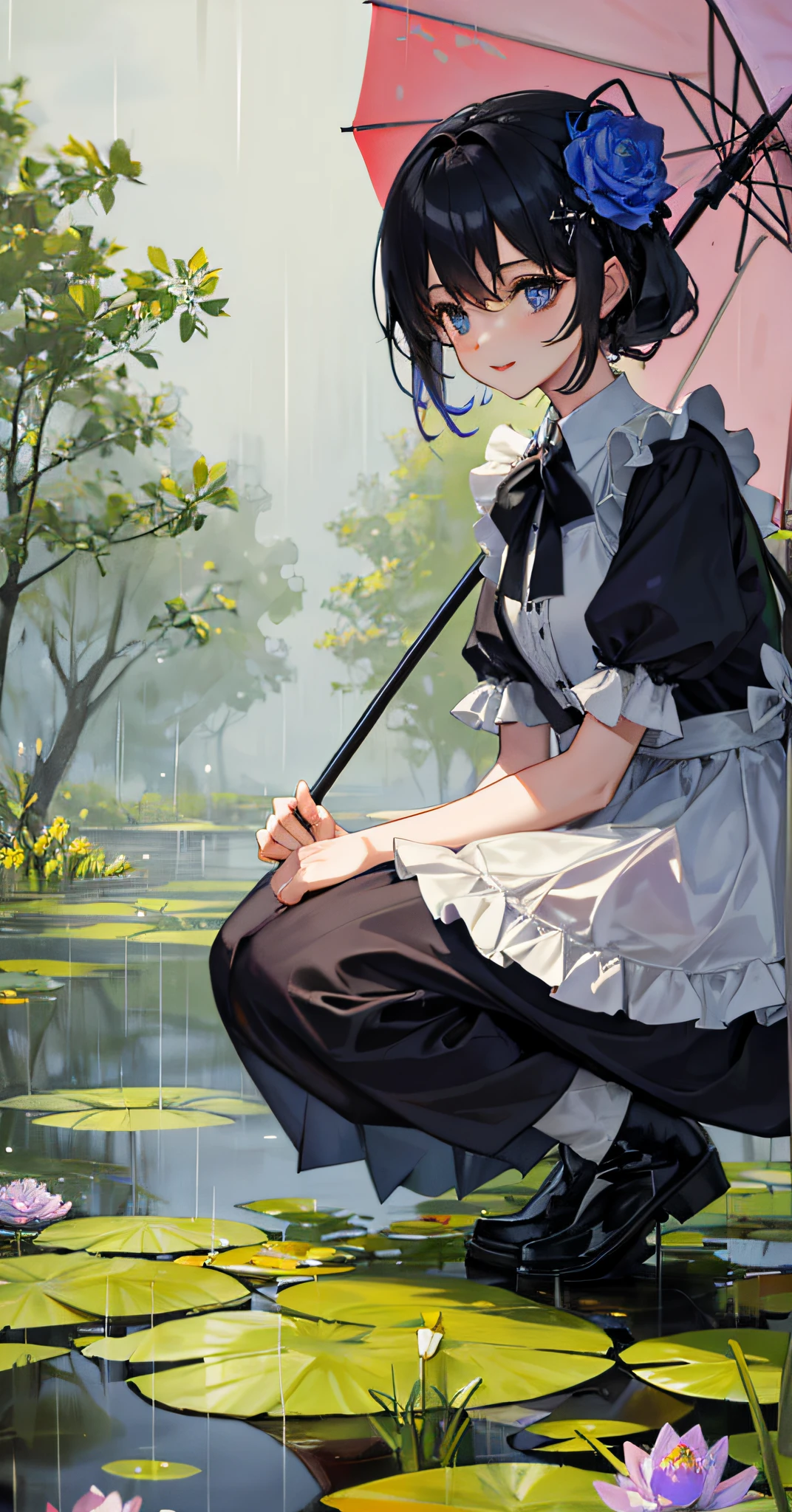 1girl,a girl crouched on the edge of the pond,with an umbrella in her hand，look at the pond,the woods,happy,rain,Lolita dress style,hat (flower:1.2),whitegloves