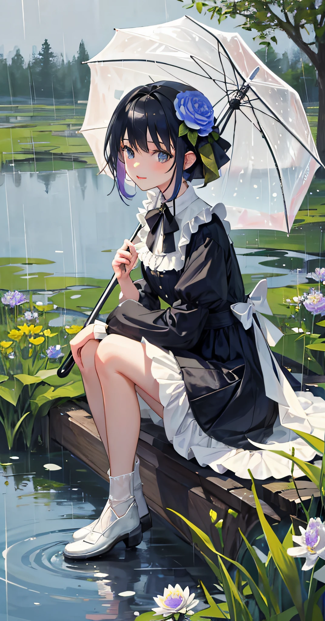 1girl,a girl crouched on the edge of the pond,with an umbrella in her hand，look at the pond,the woods,happy,rain,Lolita dress style,hat (flower:1.2),whitegloves