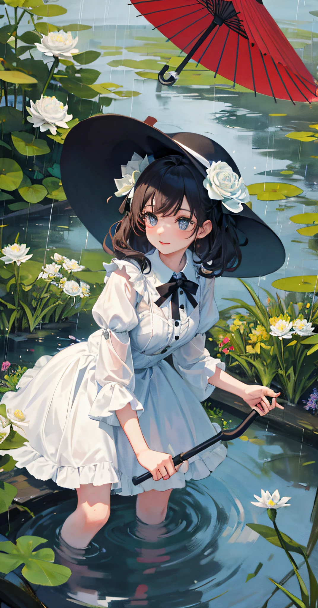 1girl,a girl crouched on the edge of the pond,with an umbrella in her hand，look at the pond,the woods,happy,rain,Lolita dress style,hat (flower:1.2),whitegloves