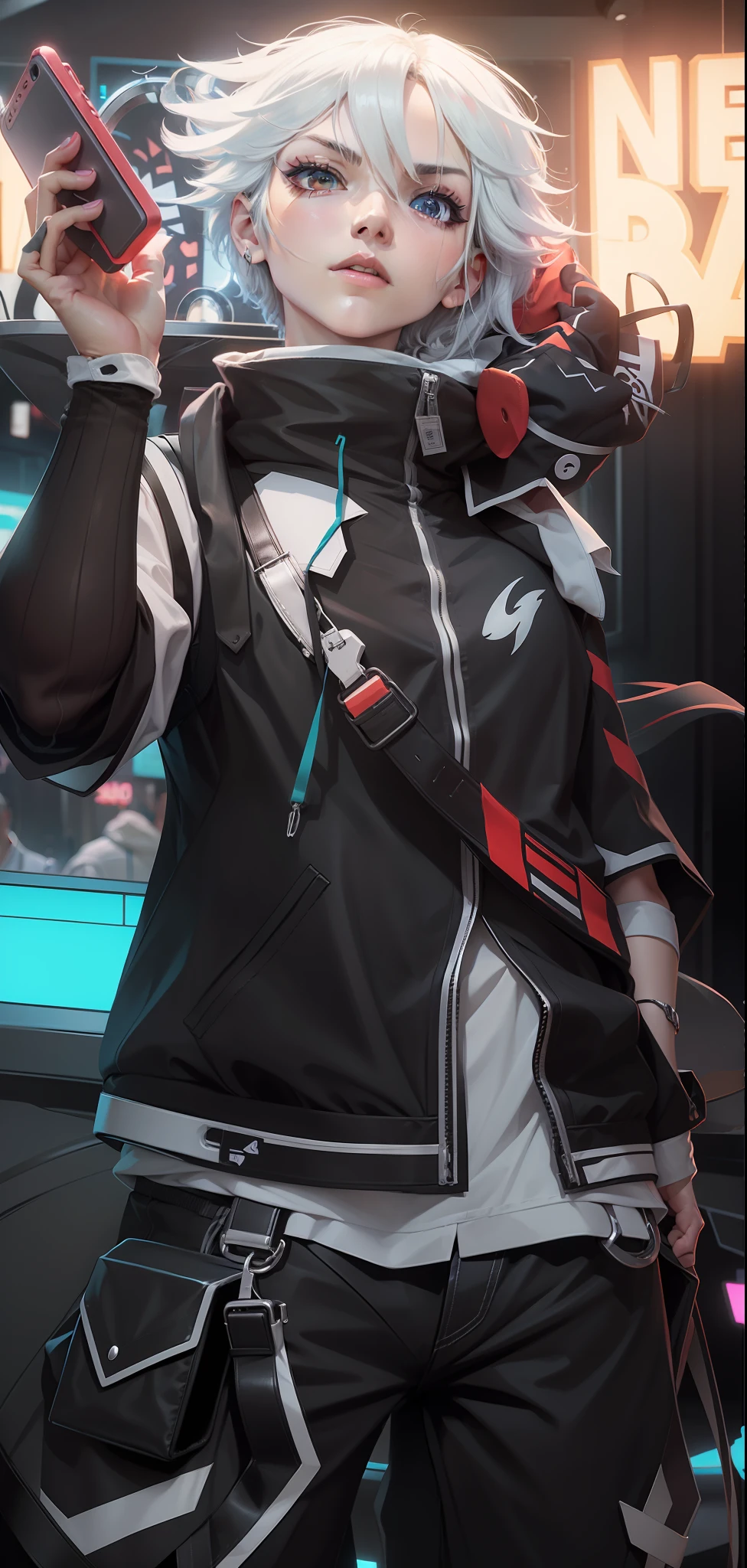 Anime boy with white hair and a cell phone in his hand and a neon sign in the background, badass anime 8 k, Otaku Gangasta, 2 d estilo anime, Melhor Anime 4K Konachan Wallpaper, estilo anime 4K, Arte Zerochan, estilo anime. 8k, Persona 5 Estilo Arte wlop, Gatilho Estilo de Arte de Anime, de arknights, por Shitao