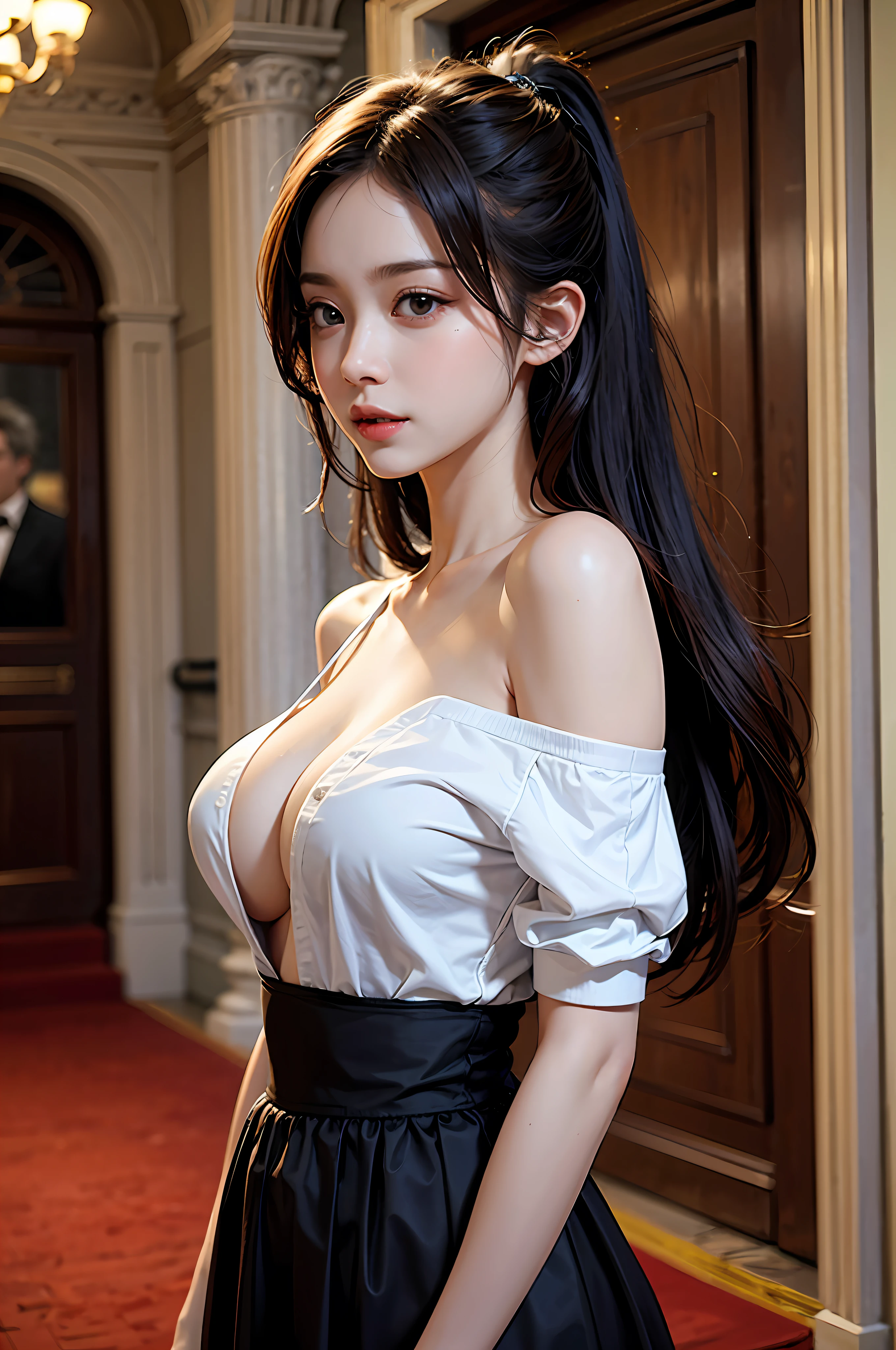 best qualtiy,sface focus,the soft light,(depth of fields),超高分辨率,(Photorealsitic:1.4),RAW photos,Bigboobs,Open navel,(sportrait:1.4),(From the front side)1girll,独奏,adolable,(Shy,ssmile:1.1),(with brown eye),Detailed beautiful face,(mid day_Hair), The hall of the castle of Europe,Walk,(off-the-shoulder shirts),