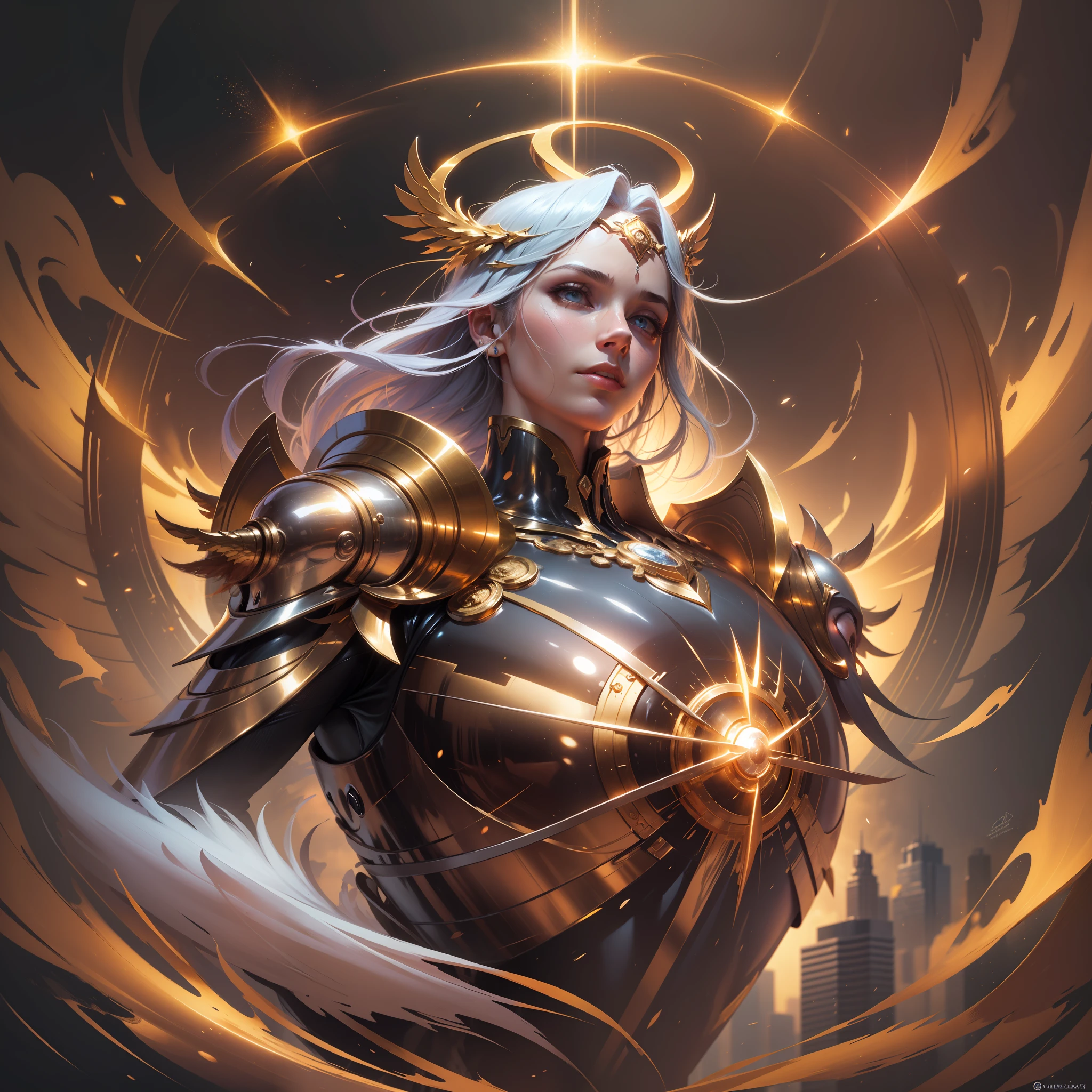 Anjo blindado dourado, asas feitas de energia, halo de metal, sem rosto, encapuzado, ouro, fantasia, arte conceitual, ultra realista, arte do personagem por greg rutkowski,masculino