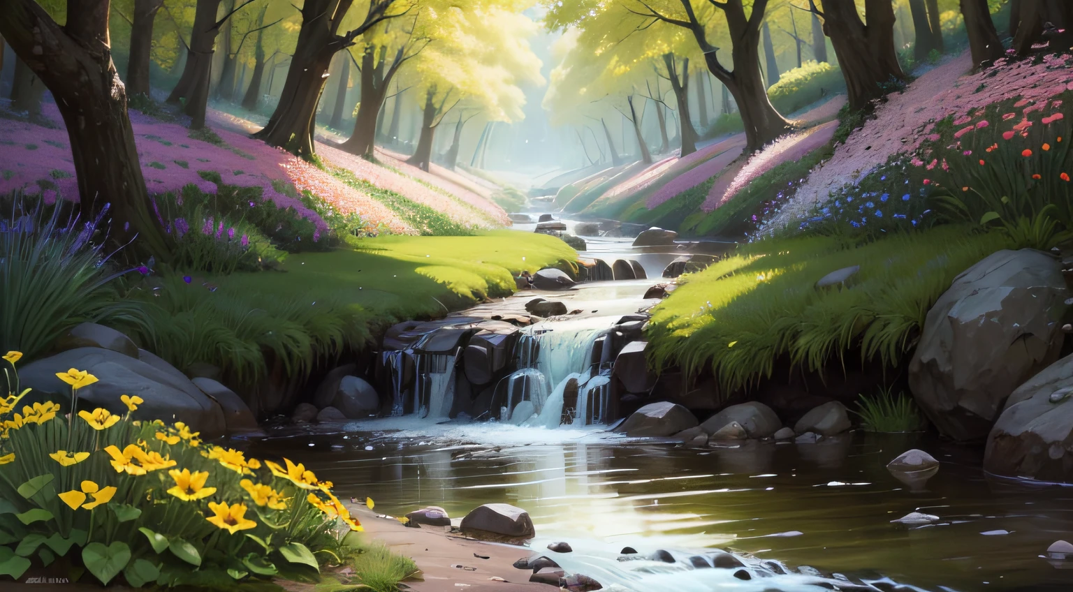 springtime,butterflys,fresh flowers,small stream,steed