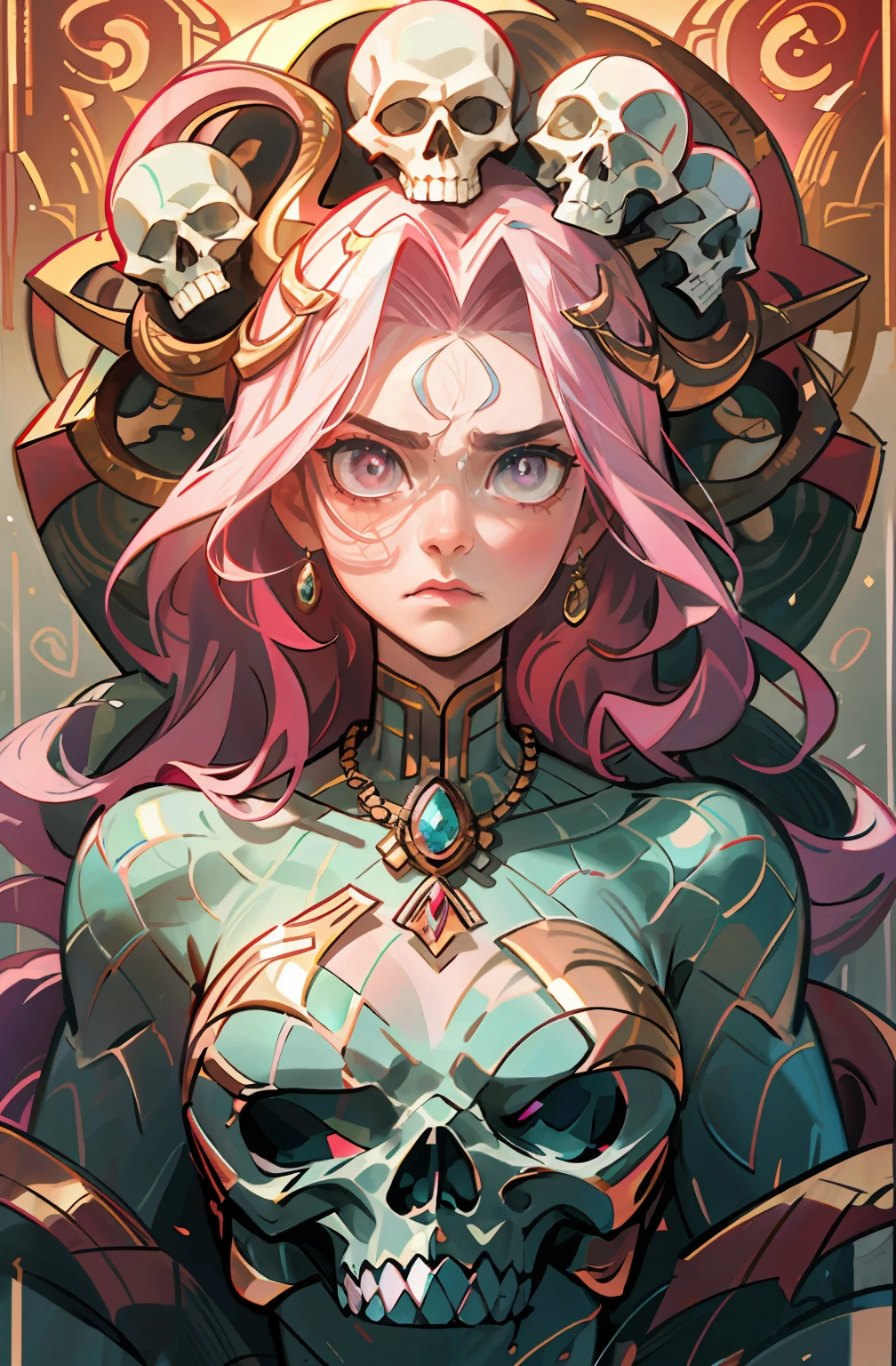 Medusa, hair composed of pink snakes, reddish white eyes, ultra-detailed sea surface, skulls in the reflection of her eyes, background of white stone statues of muscular and mature men, expression of anger and hatred, symbol of the feminine in the center, well-structured female body, golden jewels all over her body