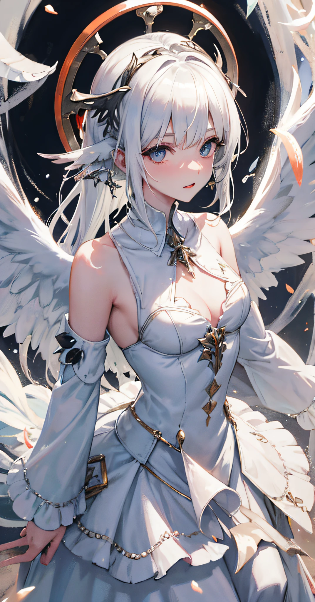 Rusticcore, contest winner, pixiv, Disgusting a white haired woman with wings and jewels on her head and chest, wearing a white dress with silver wings and a silver collar, (Charlie Bowater:0.158) , (ice:0.073) , (a character portrait:0.265) , (whitegloves,fantasy art:0.457) and Seaweed, extremely beautiful, Analytical Art, 8K, best quality, DayGlo orange dust particles, dslr, anaglyph effect