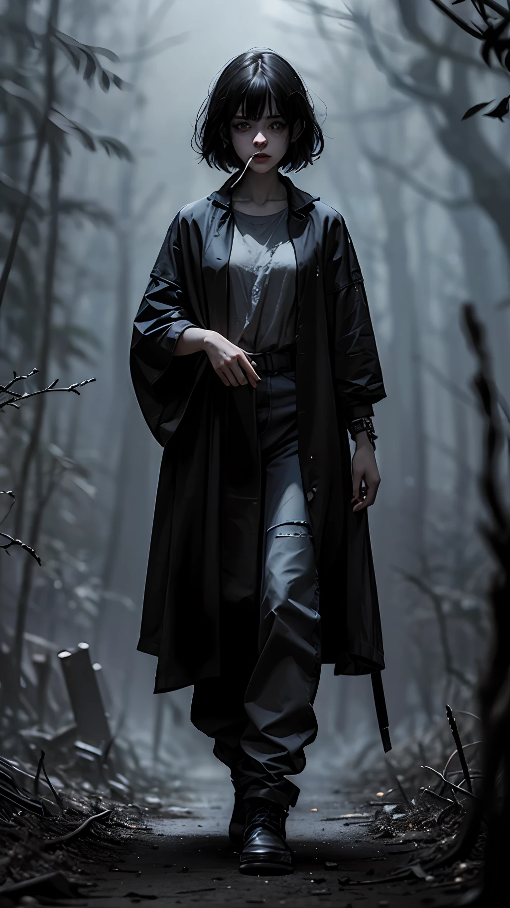 A beautiful girl, full body, horror, broken, twisted, sky, fog, smoke, dust, dark forest, shadow creature, Junji Ito, masterpiece, super high resolution, high quality, movie lighting, --auto