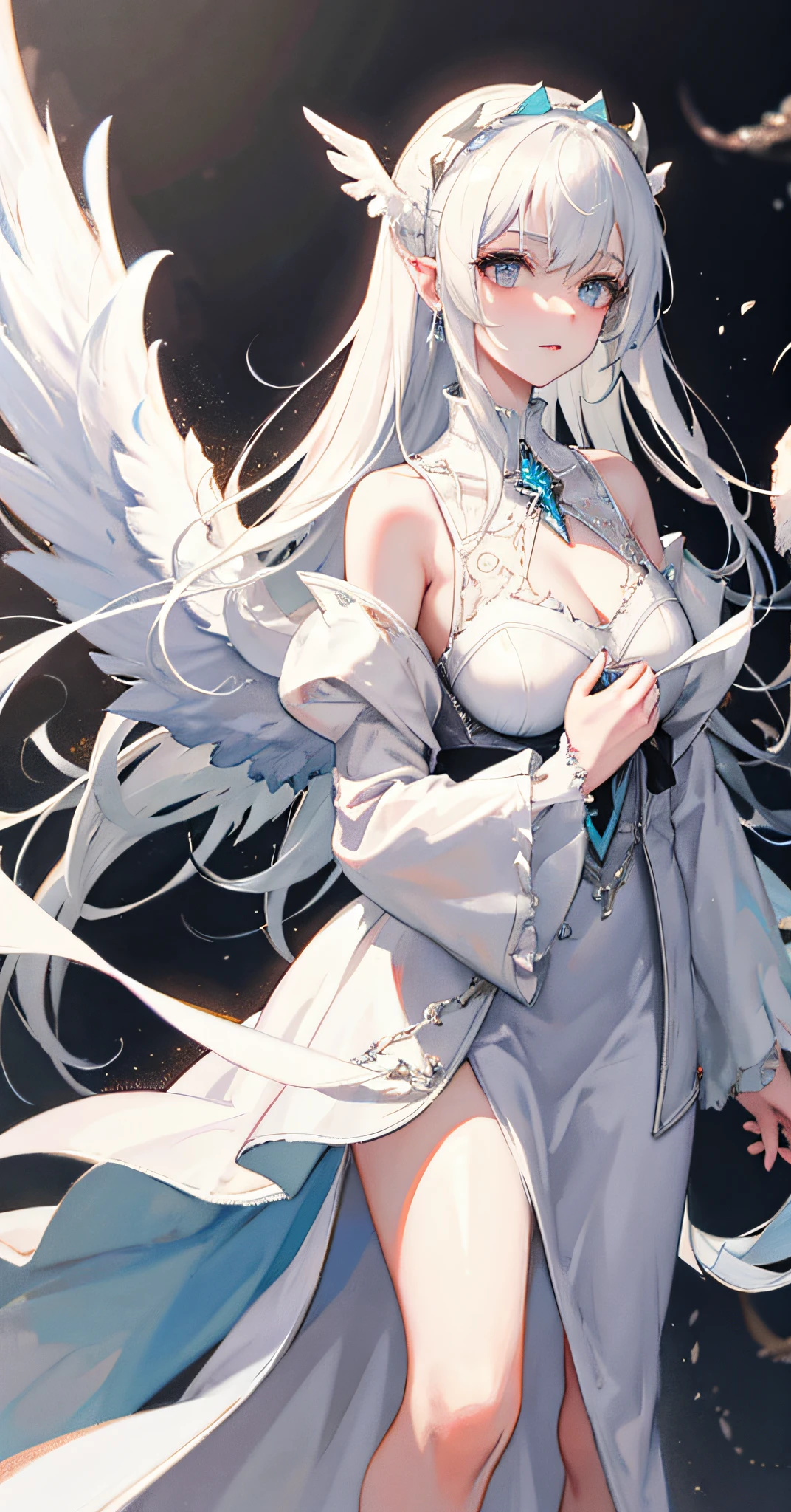 Rusticcore, contest winner, pixiv, Disgusting a white haired woman with wings and jewels on her head and chest, wearing a white dress with silver wings and a silver collar, (Charlie Bowater:0.158) , (ice:0.073) , (a character portrait:0.265) , (whitegloves，fantasy art:0.457) and Seaweed, extremely beautiful, Analytical Art, 8K, best quality, DayGlo orange dust particles, dslr, anaglyph effect