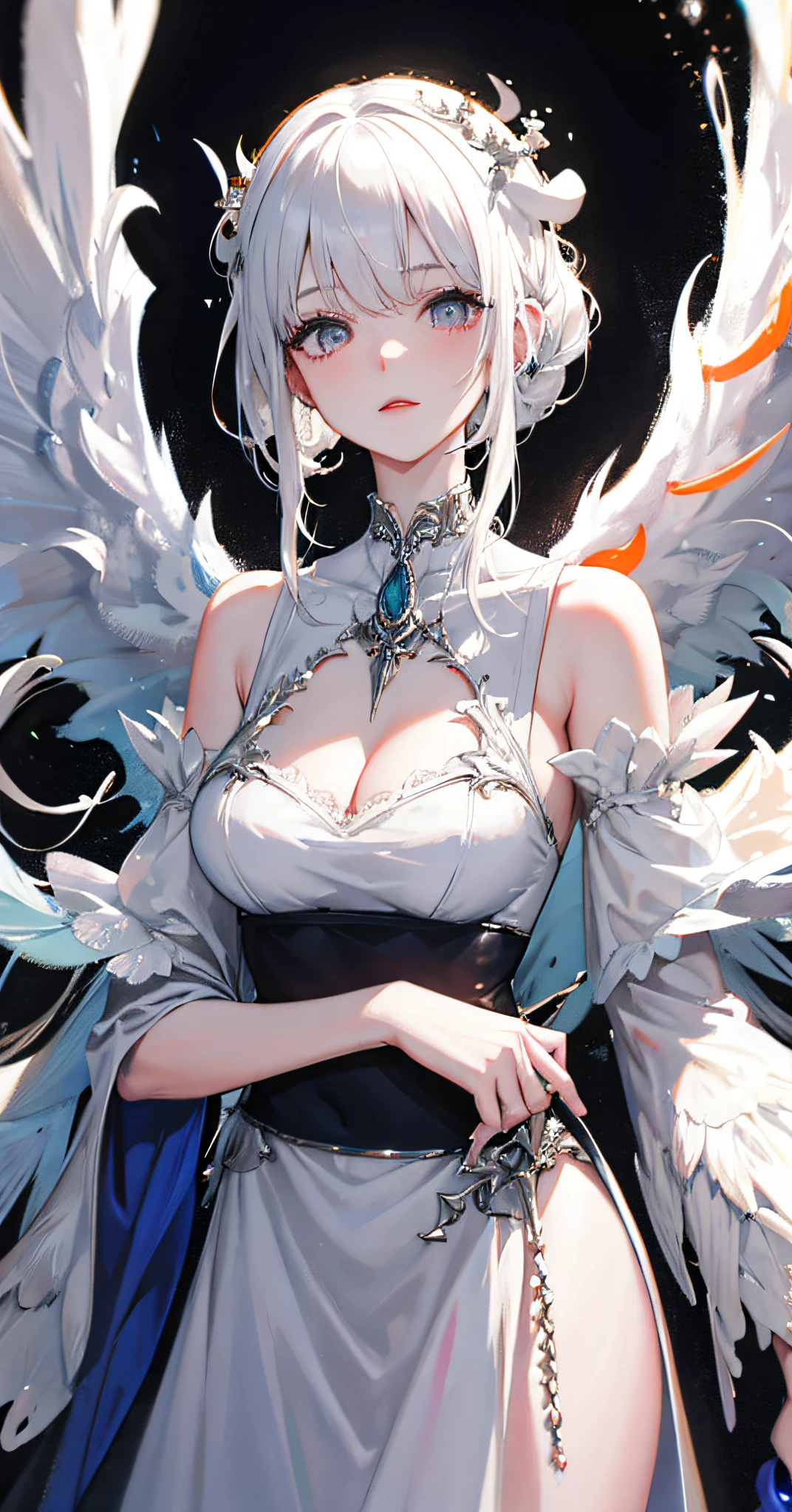 Rusticcore, contest winner, pixiv, Disgusting a white haired woman with wings and jewels on her head and chest, wearing a white dress with silver wings and a silver collar, (Charlie Bowater:0.158) , (ice:0.073) , (a character portrait:0.265) , (whitegloves，fantasy art:0.457) and Seaweed, extremely beautiful, Analytical Art, 8K, best quality, DayGlo orange dust particles, dslr, anaglyph effect