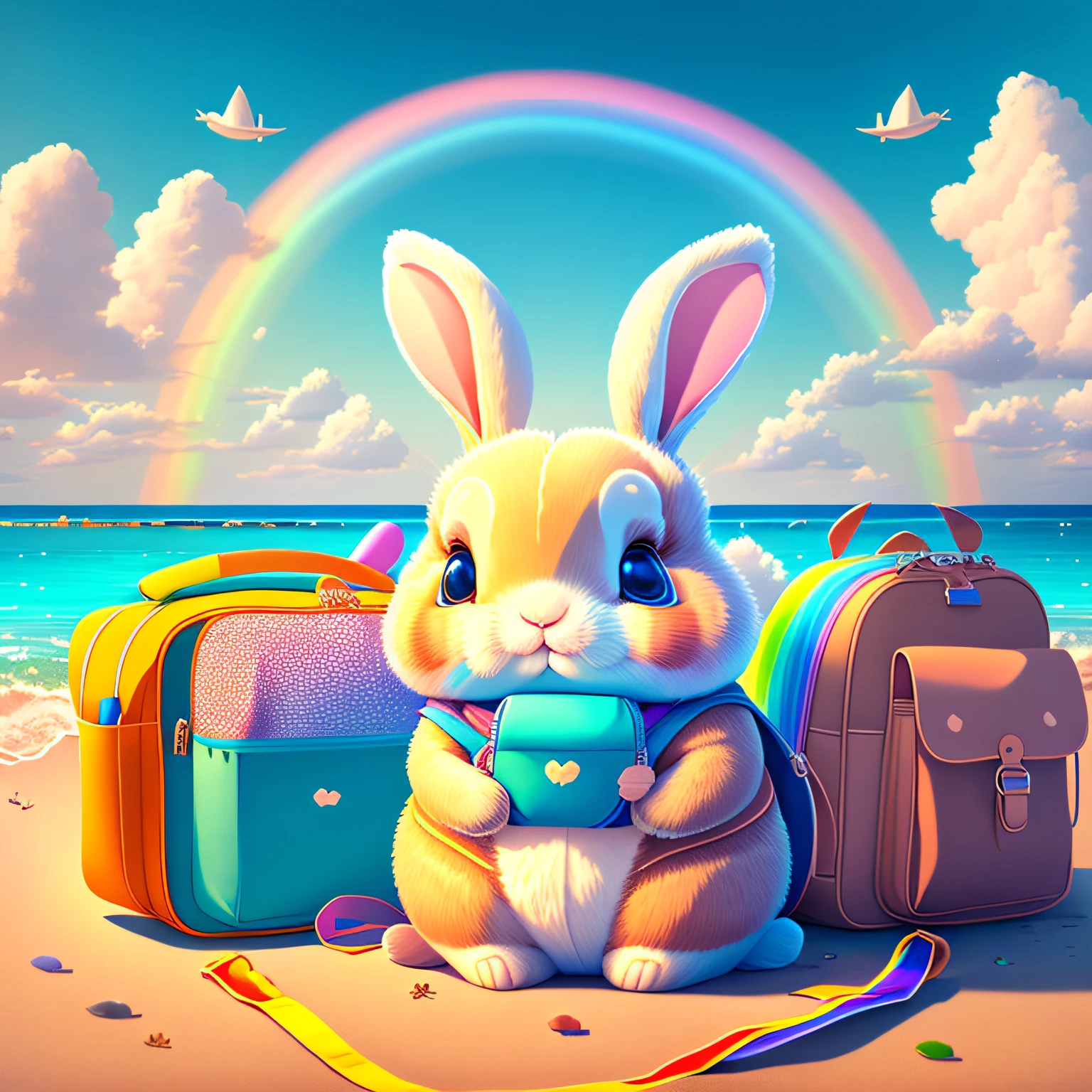 A cute chubby little rabbit sits by the sea with a school bag,4K,The sky is blue,A rainbow appears on the surface of the sea