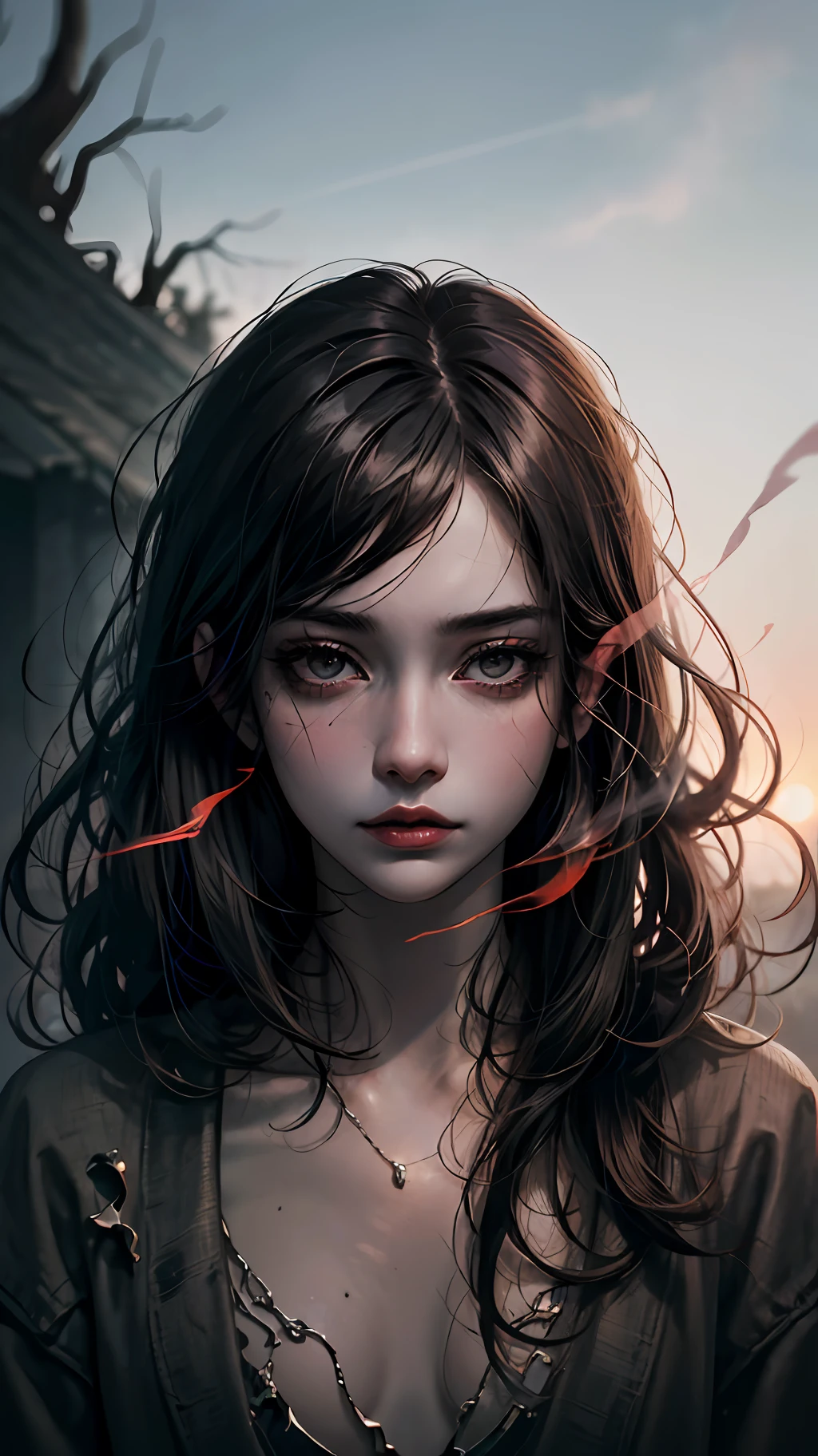 A beautiful girl, full body, horror, broken, twisted, sky, fog, smoke, dust, dark forest, shadow creature, Junji Ito, masterpiece, super high resolution, high quality, movie lighting, --auto