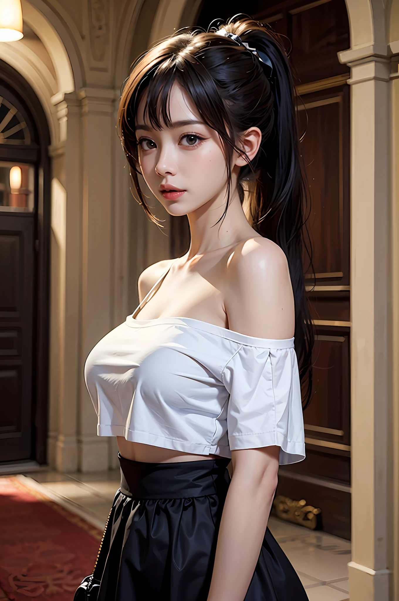 best qualtiy，sface focus，the soft light，（depth of fields），超高分辨率，（Photorealsitic：1.4），RAW photos，Bigboobs，Open navel，Long bangs，Ponytail hairstyle，（sportrait：1.4），（From the front side）1girll，独奏，adolable，（Shy，ssmile：1.1），（with brown eye），Detailed beautiful face，（mid day_Hair）， The hall of the castle of Europe，Walk，（off-the-shoulder shirts），