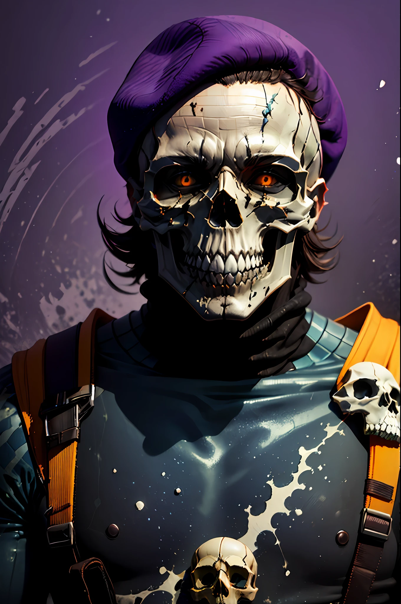 monochrome, grayscale, solo, 1boy, male focus, simple background, purple and black military beret, black background, upper body, looking at the viewer, (mask), facing the viewer, (((skull))), yellow eyes, (((black sclera)), purple technological clothing, heavy armor, crumpled skin, skin fragmentation, fragmented skin, crumpled skin, cracked skin, skin torn into pieces, ceramic style,
