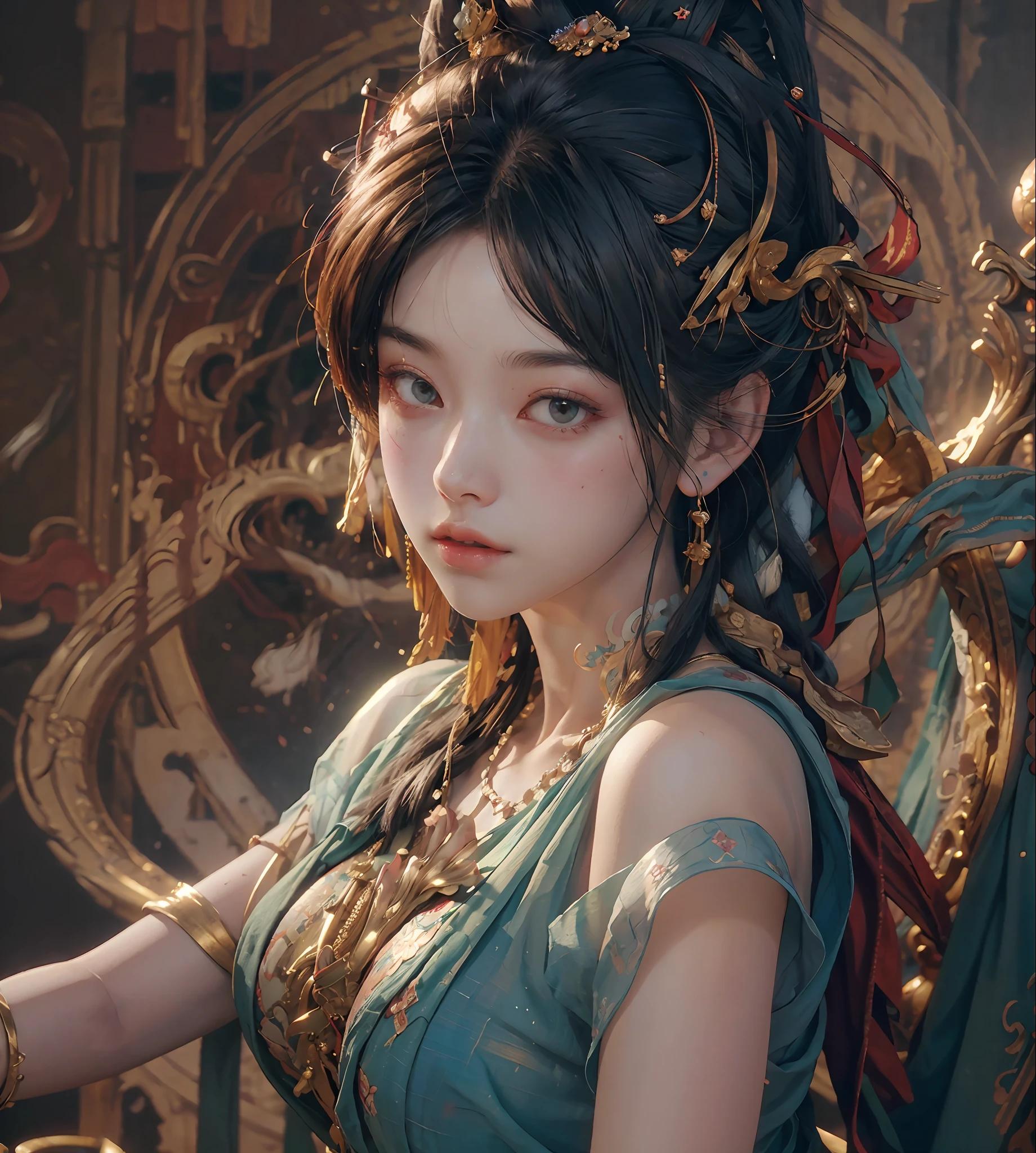 (RAW photo, best quality), (realistic, photo-realistic:1.3),best quality,highly detailed,masterpiece,ultra-detailed,illustration,1girl,upper_body,dynamic angle,world masterpiece theater,messy_long_hair,best quality,extremely detailed CG unity 8k wallpaper,ink,Amazing,cinematic lighting,lens_flare, dunhuang_style