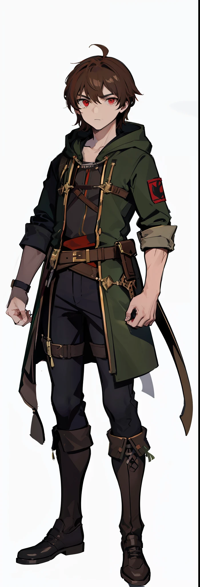 1characrer, male, red eyes, light brown hair, green outfit, rogue. (masterpiece:1.2), (best quality:1.3)