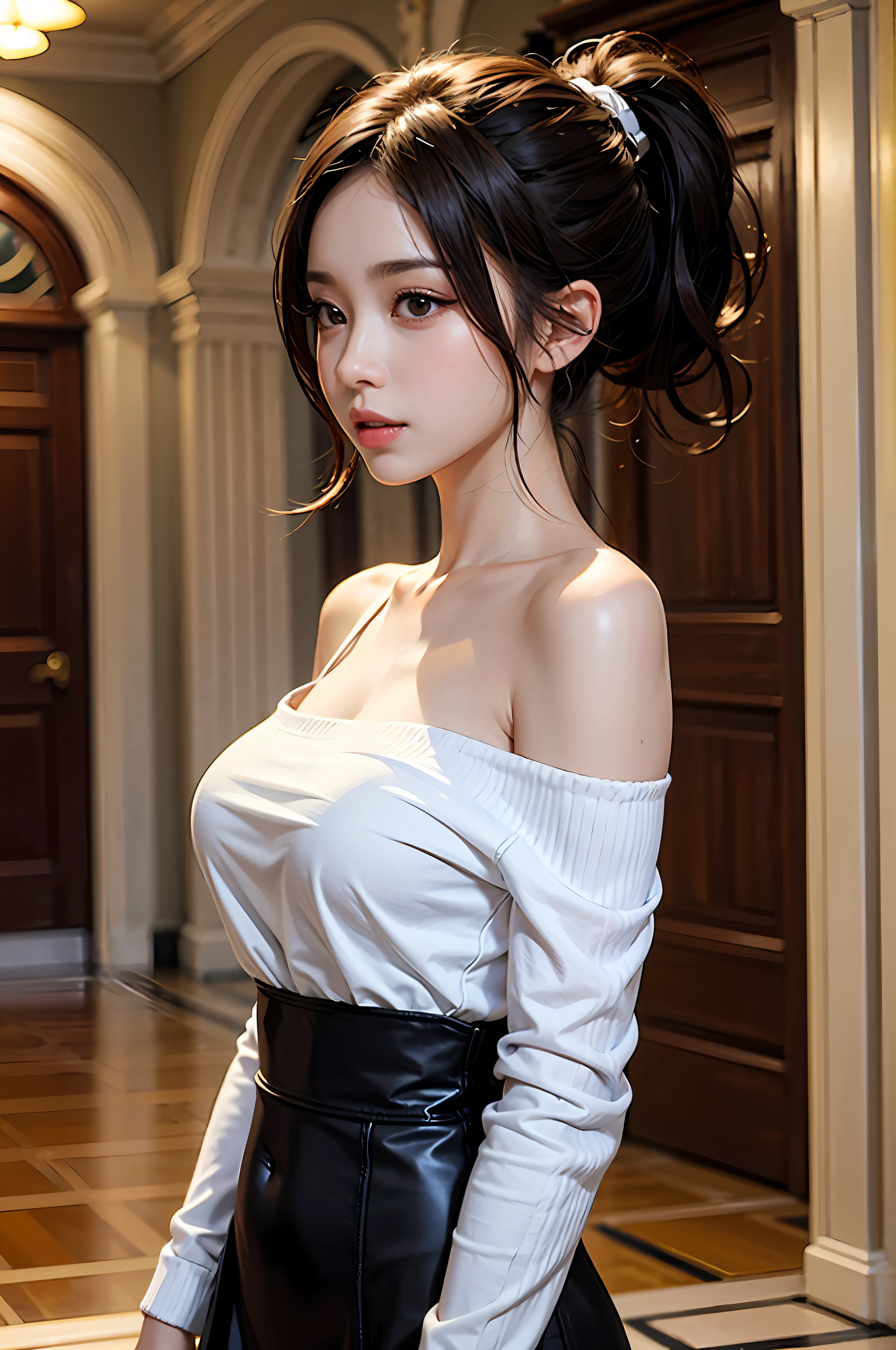 best qualtiy,sface focus,the soft light,(depth of fields),超高分辨率,(Photorealsitic:1.4),RAW photos,Bigboobs,Open navel,Long bangs,Ponytail hairstyle,(sportrait:1.4),(From the front side)1girll,独奏,adolable,(Shy,ssmile:1.1),(with brown eye),Detailed beautiful face,(mid day_Hair), The hall of the castle of Europe,Walk,(off-the-shoulder shirts),