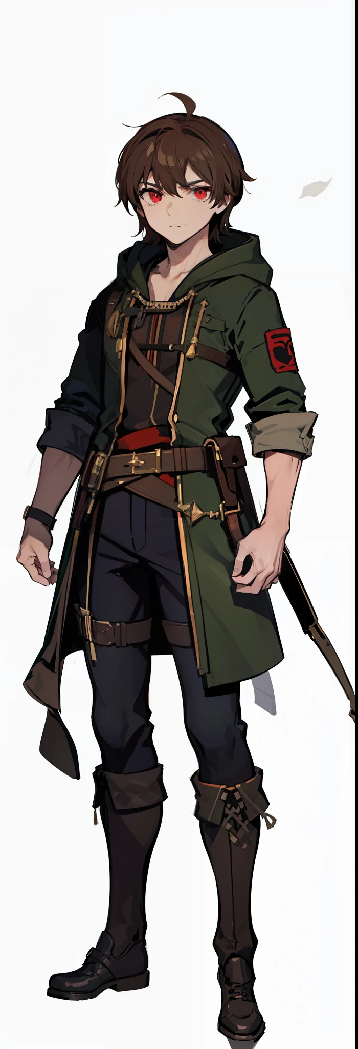 1characrer, male, red eyes, light brown hair, green outfit, rogue. (masterpiece:1.2), (best quality:1.3)