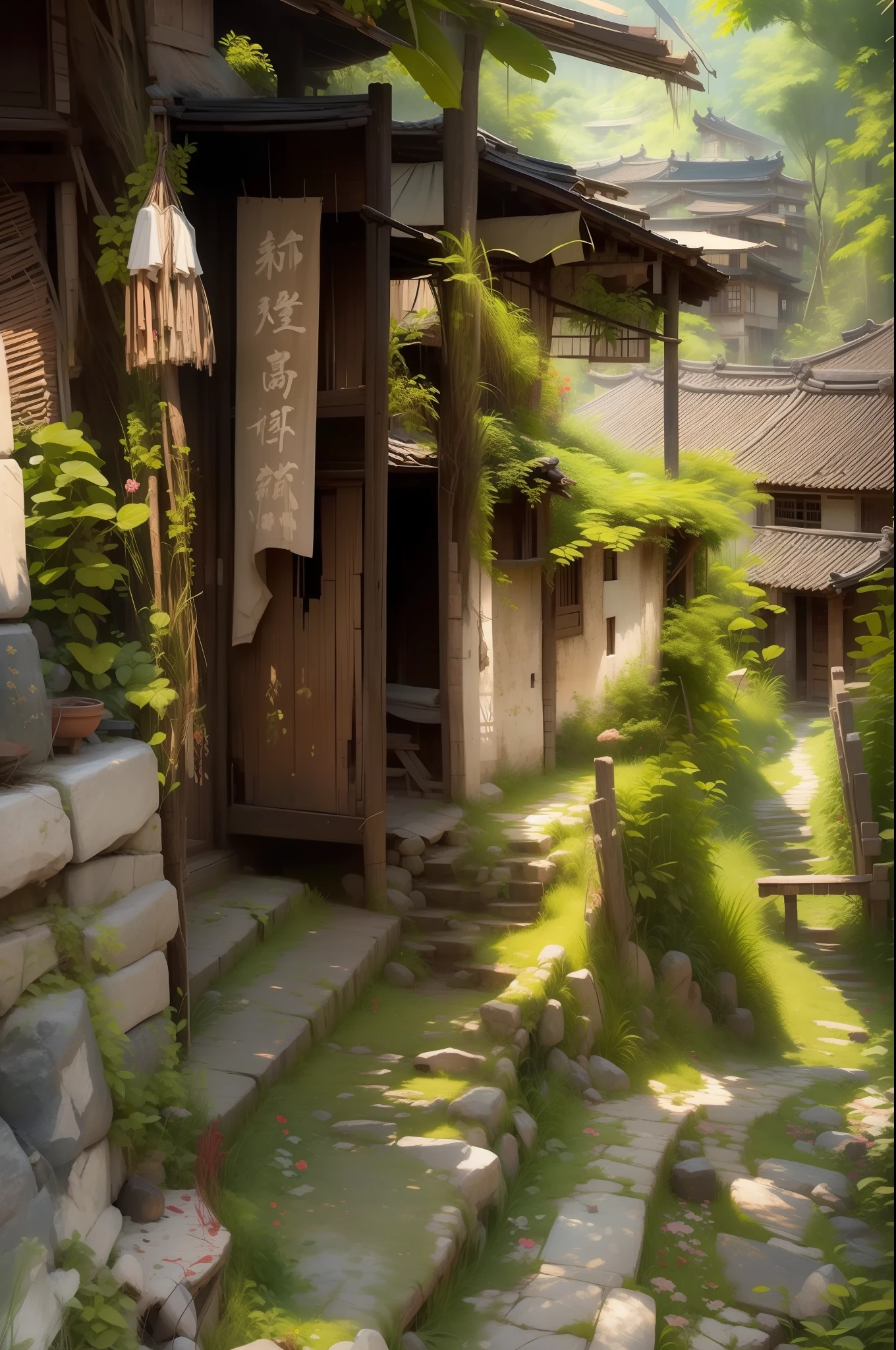 watercolor paiting,Oriental architecture,HighestQuali,Master masterpieces,the watercolor style,There is a stone staircase leading to the house in the woods, abandoned japaense village, old asian village, Chinese village, Old village, looking partly to the left, footbridges between houses, qiangshu, old stone steps, by Ni Yuanlu, stone steps, small path up to door, Village, in a village, stone steps,