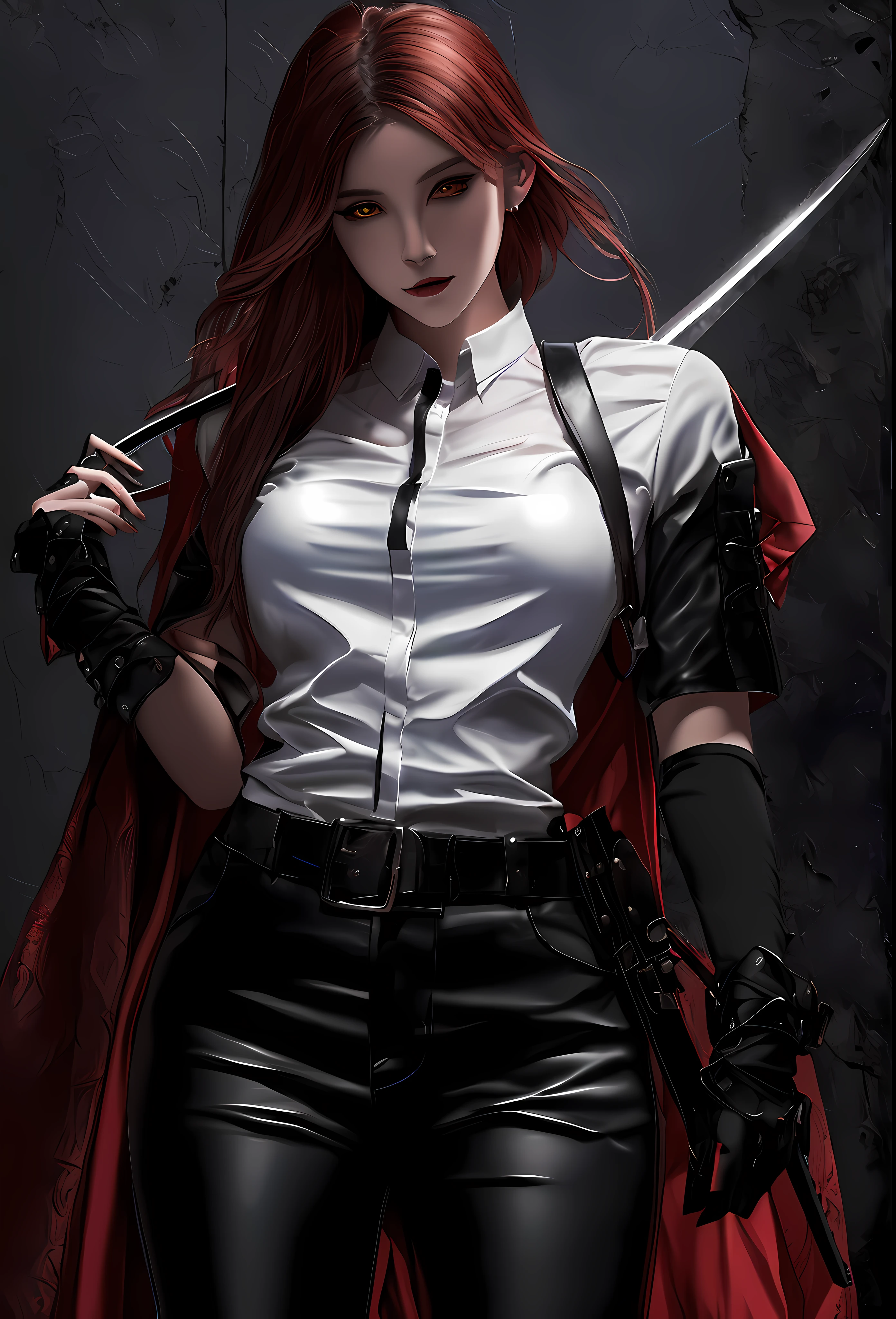 arafed image of a woman in a white shirt and black leather pants holding a sword, androgynous vampire, by Yang J, female vampire warrior, female vampire, dark fantasy style art, style of raymond swanland, female assin, she is holding a sword, female rouge assin, dark fantasy character design, alena aenami and artgerm, 2b
