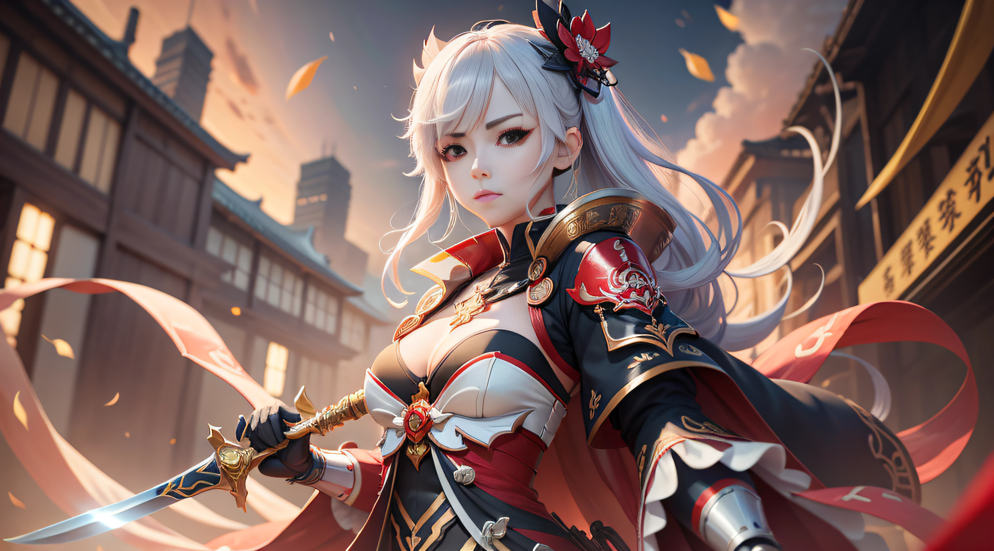 Highest image quality,Outstanding details,超高分辨率,(Fidelity:1.4), Favor the details, He has a delicate and beautiful face, Close-up of a woman standing on a platform with a sword, A scene from the《Honkai 3rd 》videogame, 《Honkai 3rd 》styled, 《Honkai 3rd 》The role setting of Thunder's lawyer, Tachi, Red Japanese oni armor, Two floating robotic arms on the back hold Japanese taiko drums, Virtual Engine 5,Perfect detail rendering,rendering by octane,hyper HD