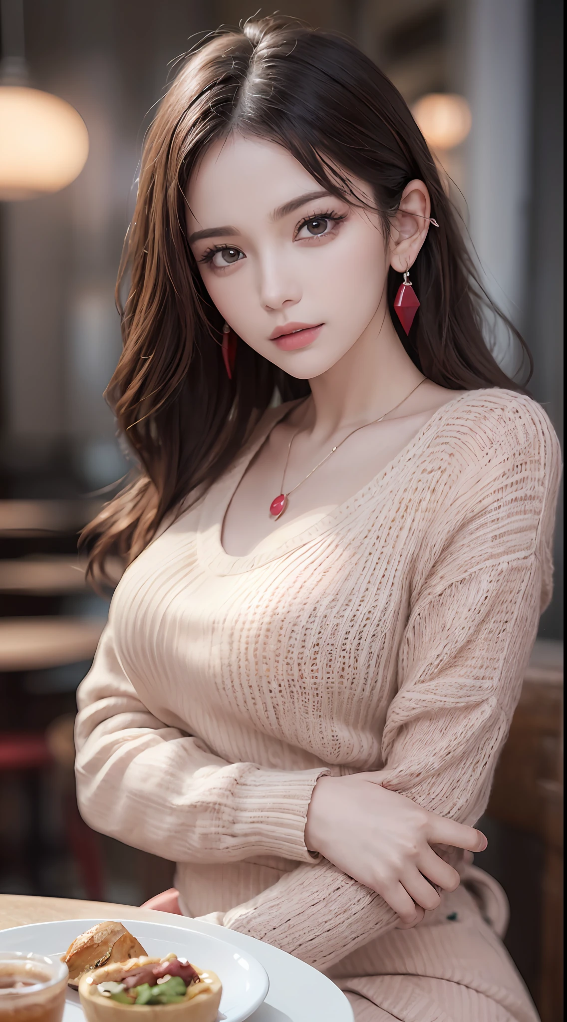 (Raw photo, High resolution, Best Quality, masutepiece:1.3), (realistic detailed, hyper realisitic, Photorealistic: 1.2), Shot with Canon EOS R6, Sharp Focus, F/1.8, mid-shot, upperbody shot, 1girl in, Very delicate and beautiful, Beautiful detailed girl, Very detailed eyes and face, Triangular face, Beautiful detailed eyes, (Slender figure, thin waist), ((Red Sweater Dress)), Stylish pendant, earrings, Natural makeup, Pink shiny lips, Sweepside stylish shorthair, Perfect Style, (low illuminance, sitting in a cafe), nffsw, Ultra-realistic, Highest Quality, super detailed